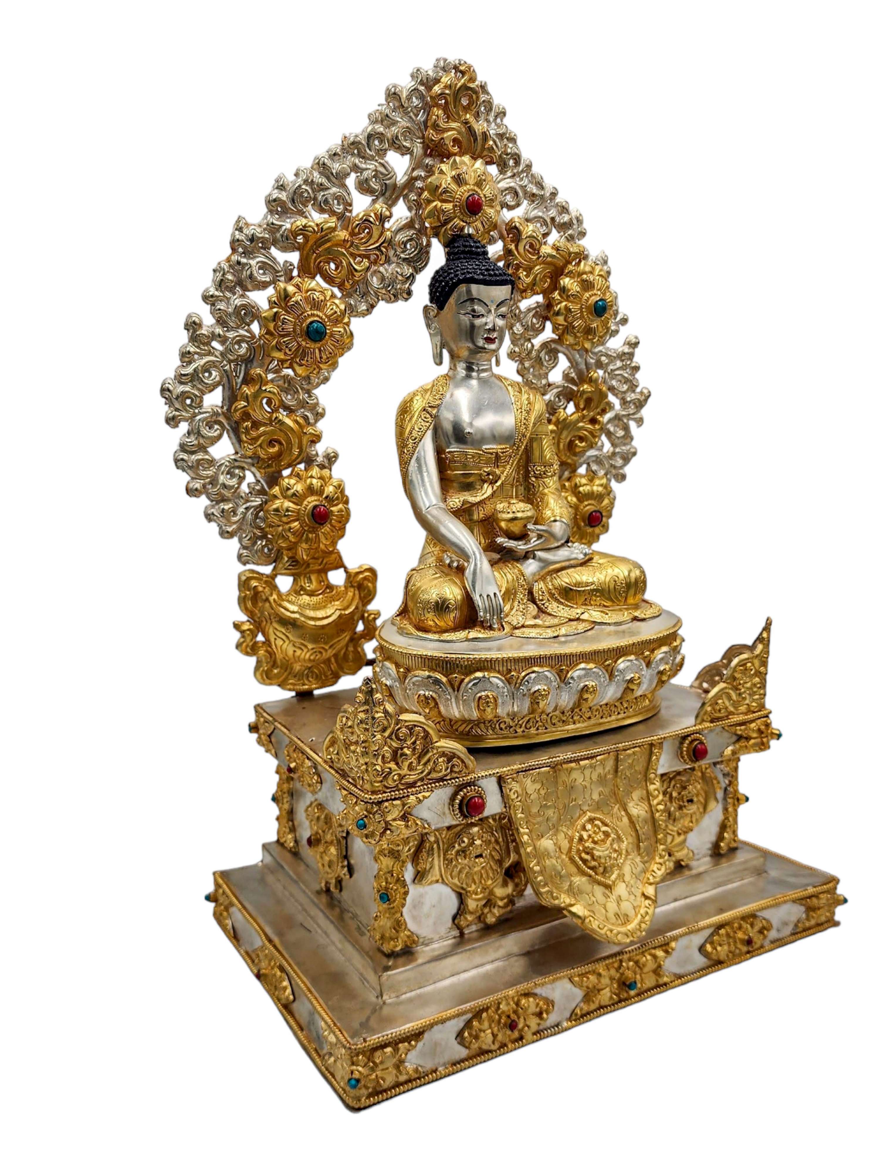 shakyamuni Buddha, Buddhist Handmade Statue On Throne, gold And Silver Plated, stone Setting, high Quality