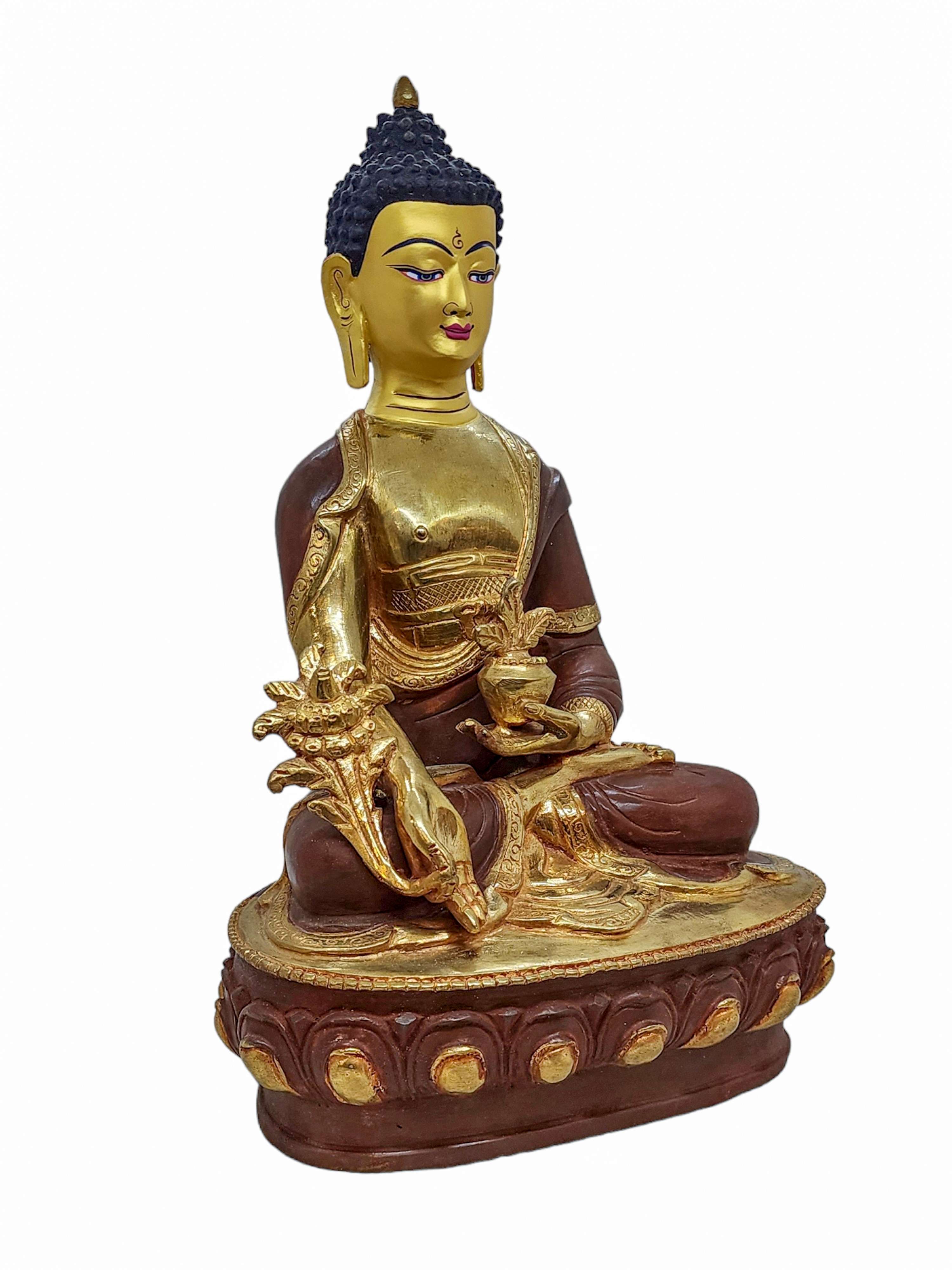 medicine Buddha, Buddhist Handmade Statue, partly Gold Plated And face Painted