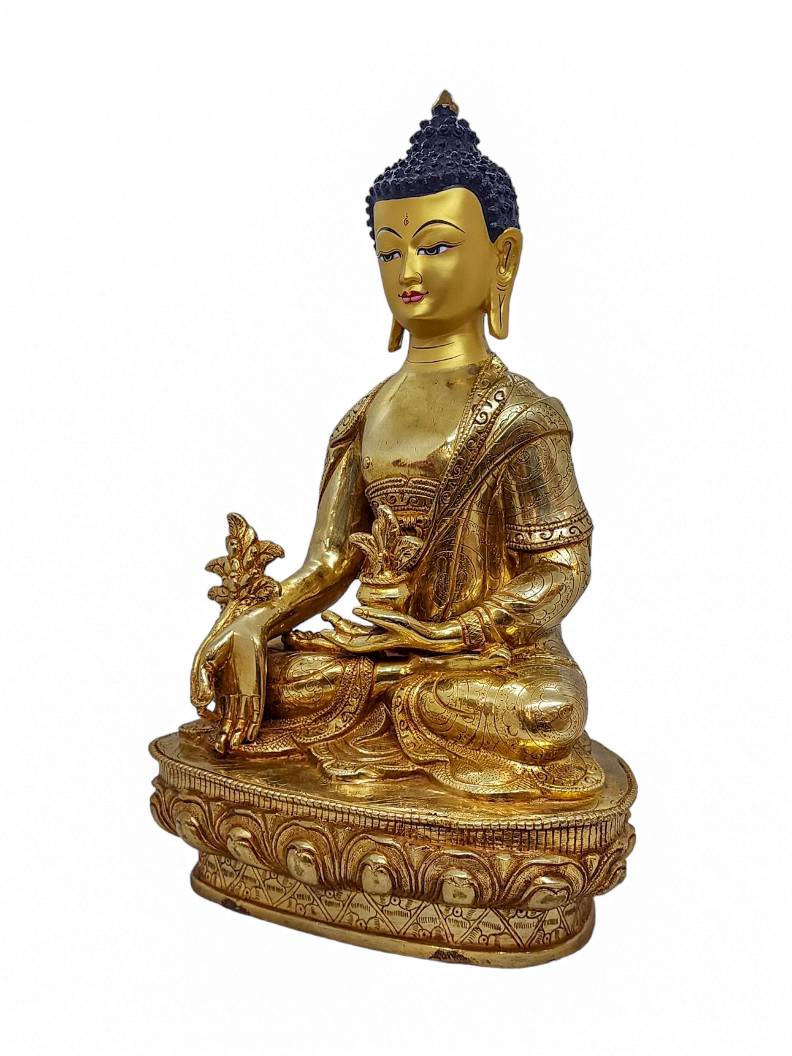 medicine Buddha, Buddhist Handmade Statue, gold Plated And face Painted