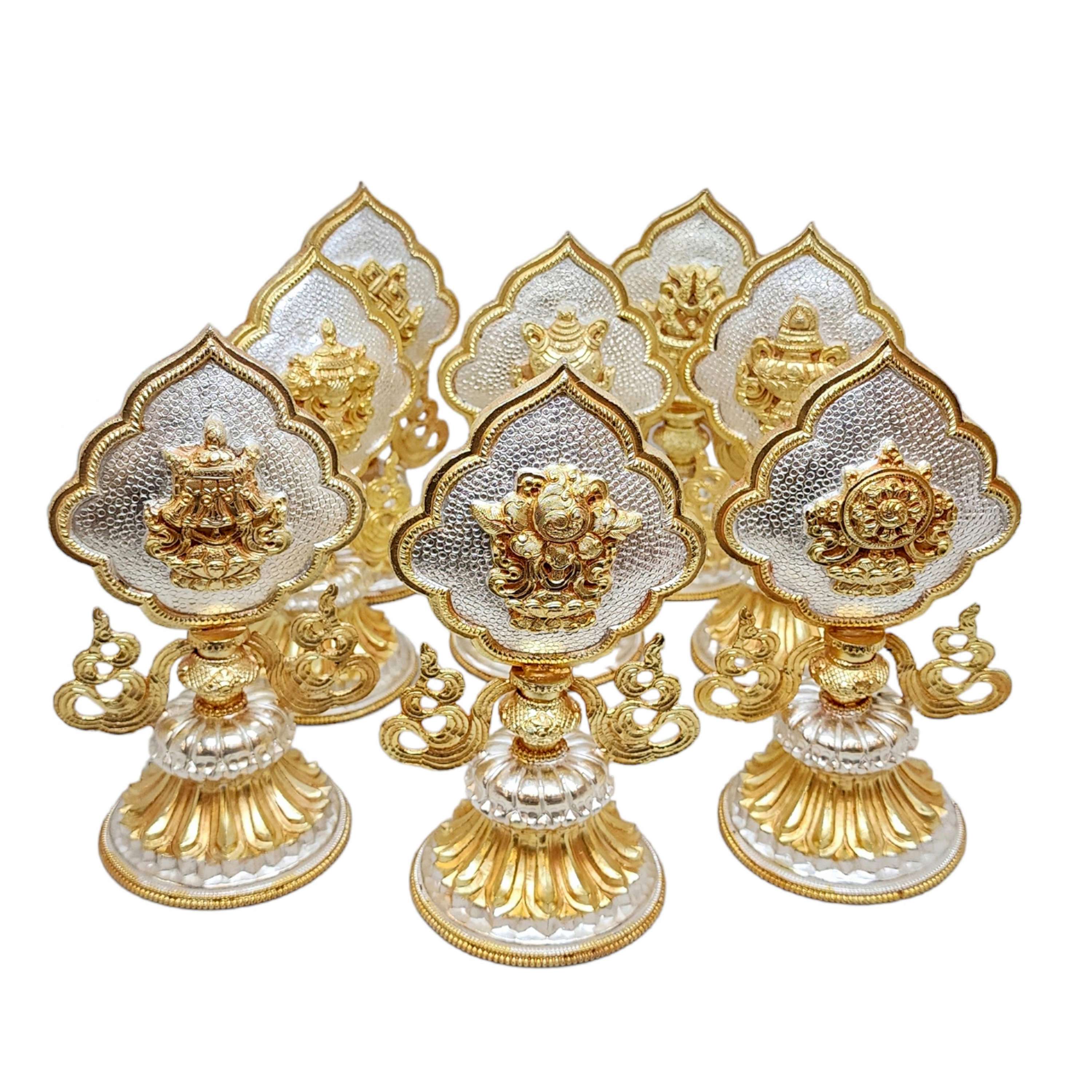 Buddhist Handmade eight Set Tibetan Offering Set Of Ashtamangala, partly Gold Plated, Silver Plated