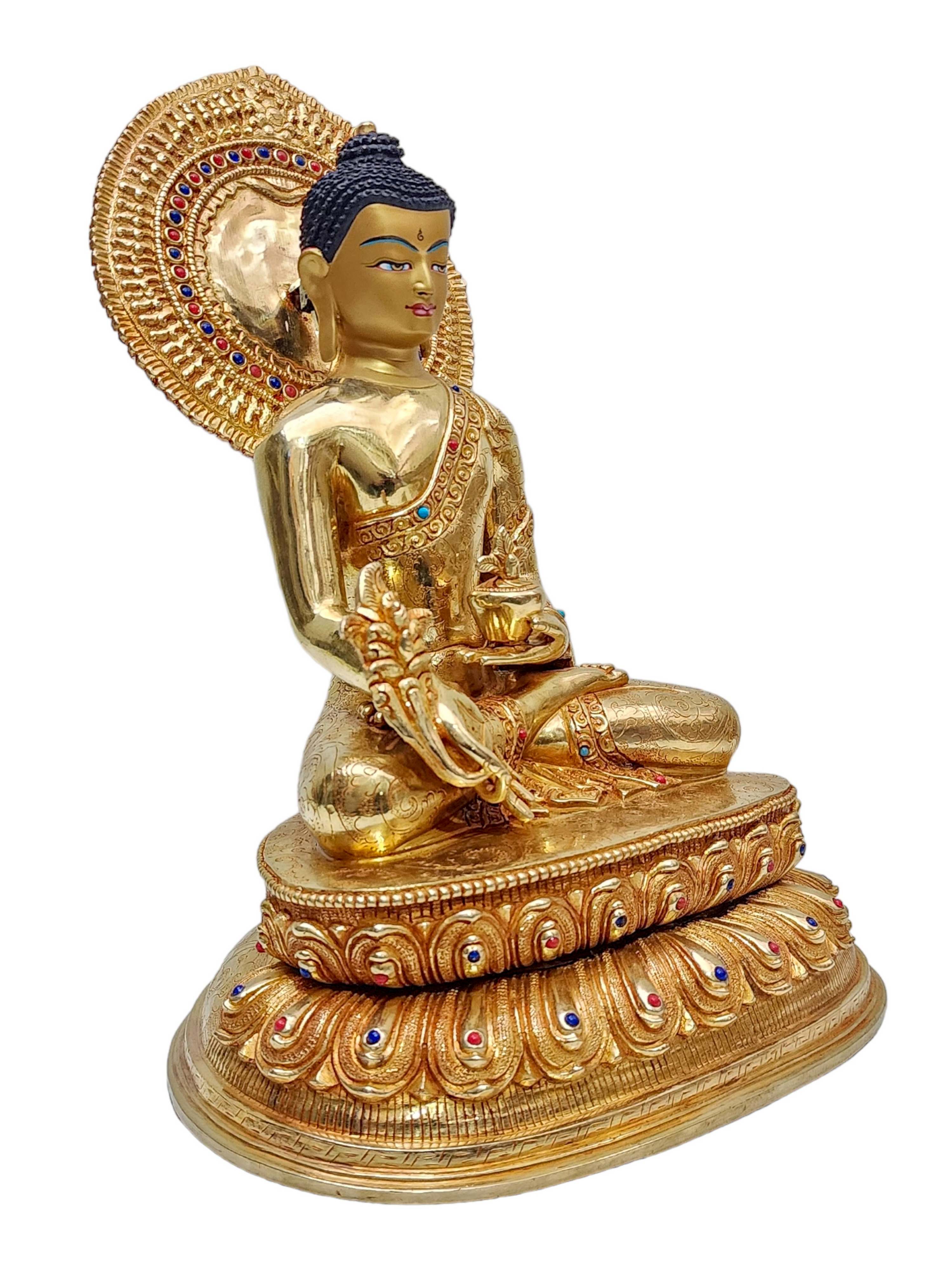medicine Buddha, Buddhist Handmade Statue, gold Plated, face Painted, stone Setting And double Base
