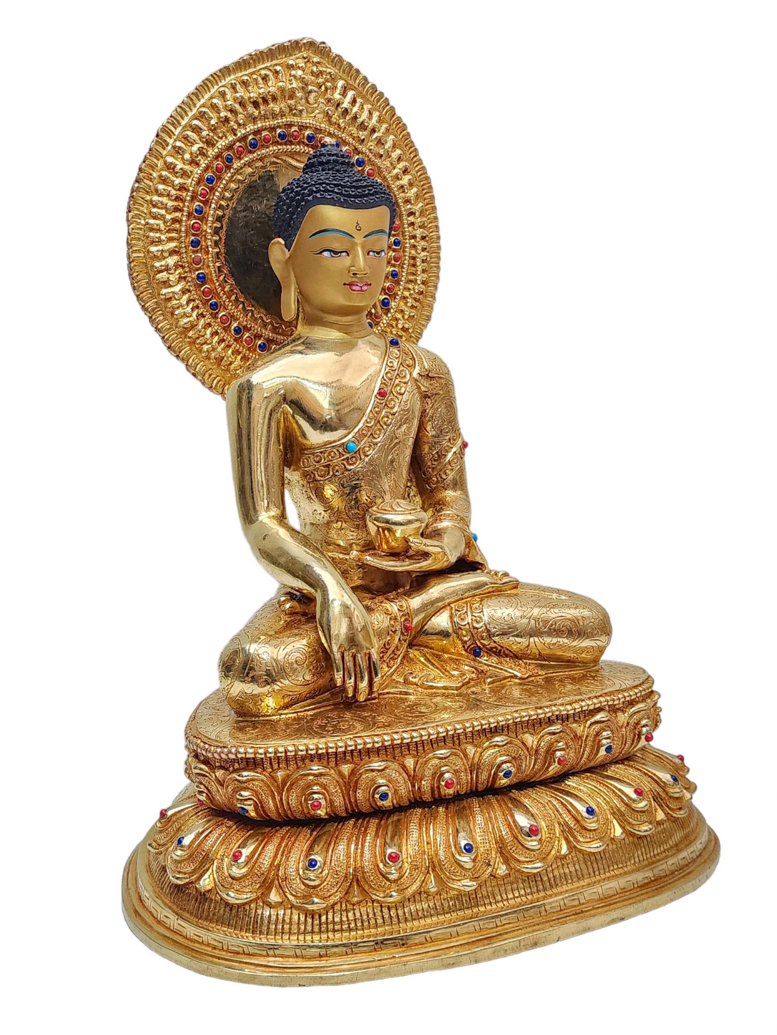 shakyamuni Buddha, Buddhist Handmade Statue, gold Plated, face Painted, stone Setting And double Base