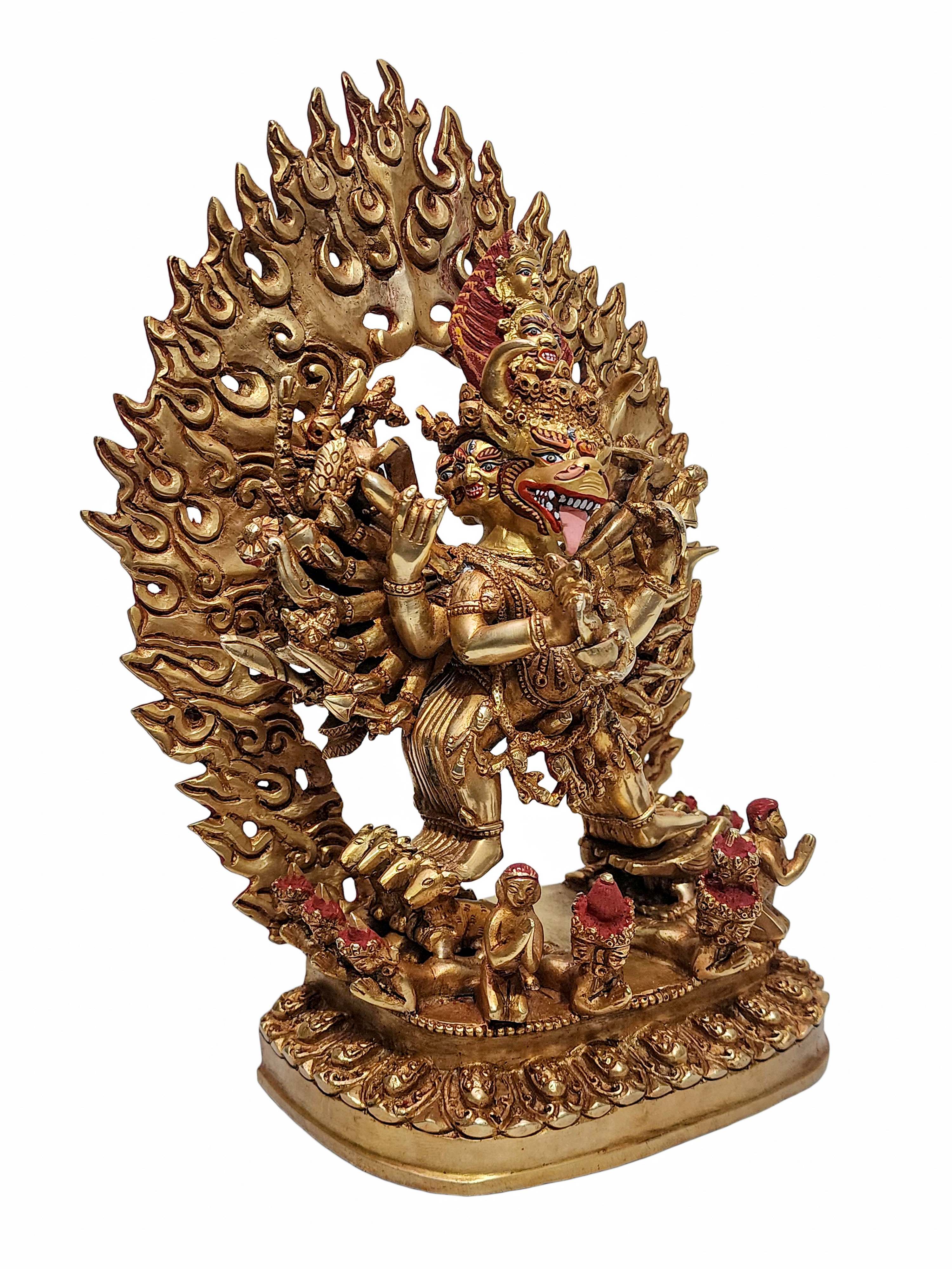 yamantaka - Heruka Vajrabhairava, Tibetan Statue, full Gold Plated, painted Face