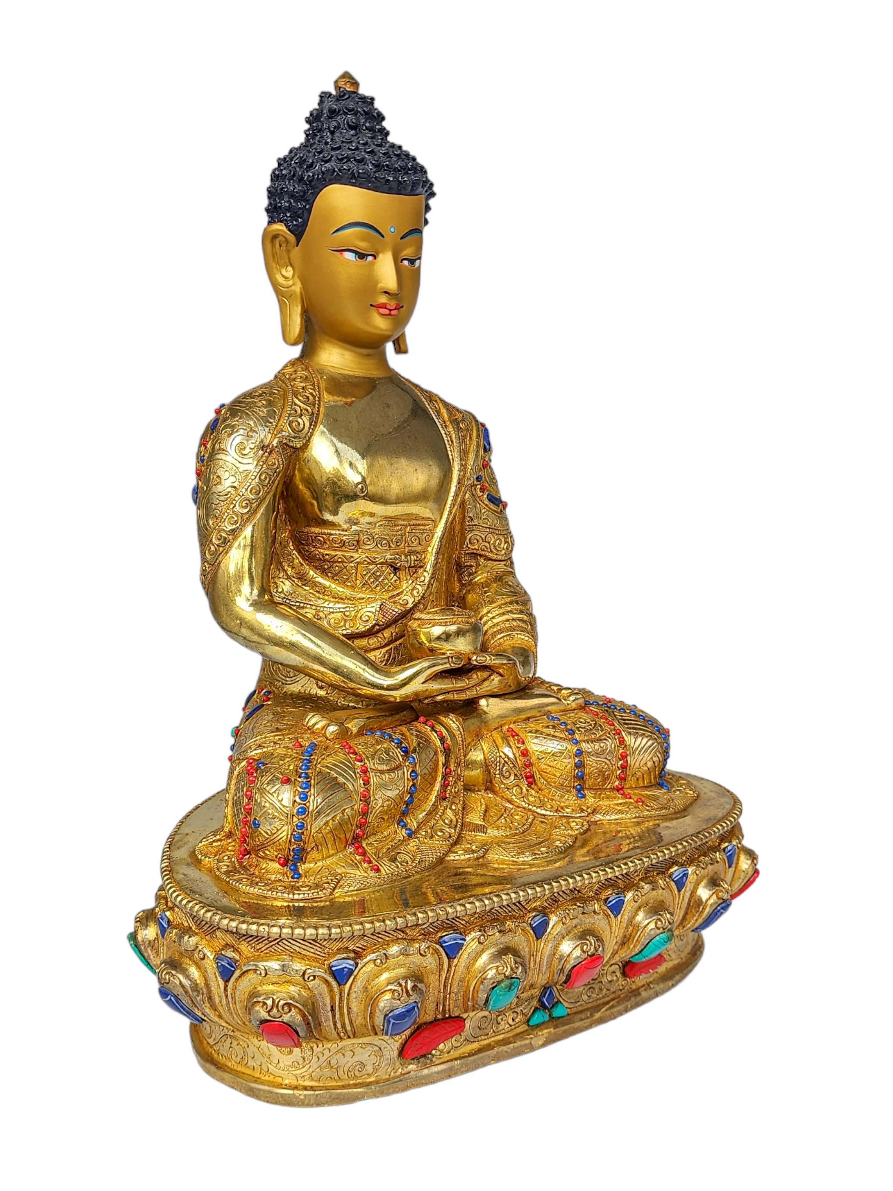 amitabha Buddha, Buddhist Handmade Statue, face Painted, gold Plated And stone Setting