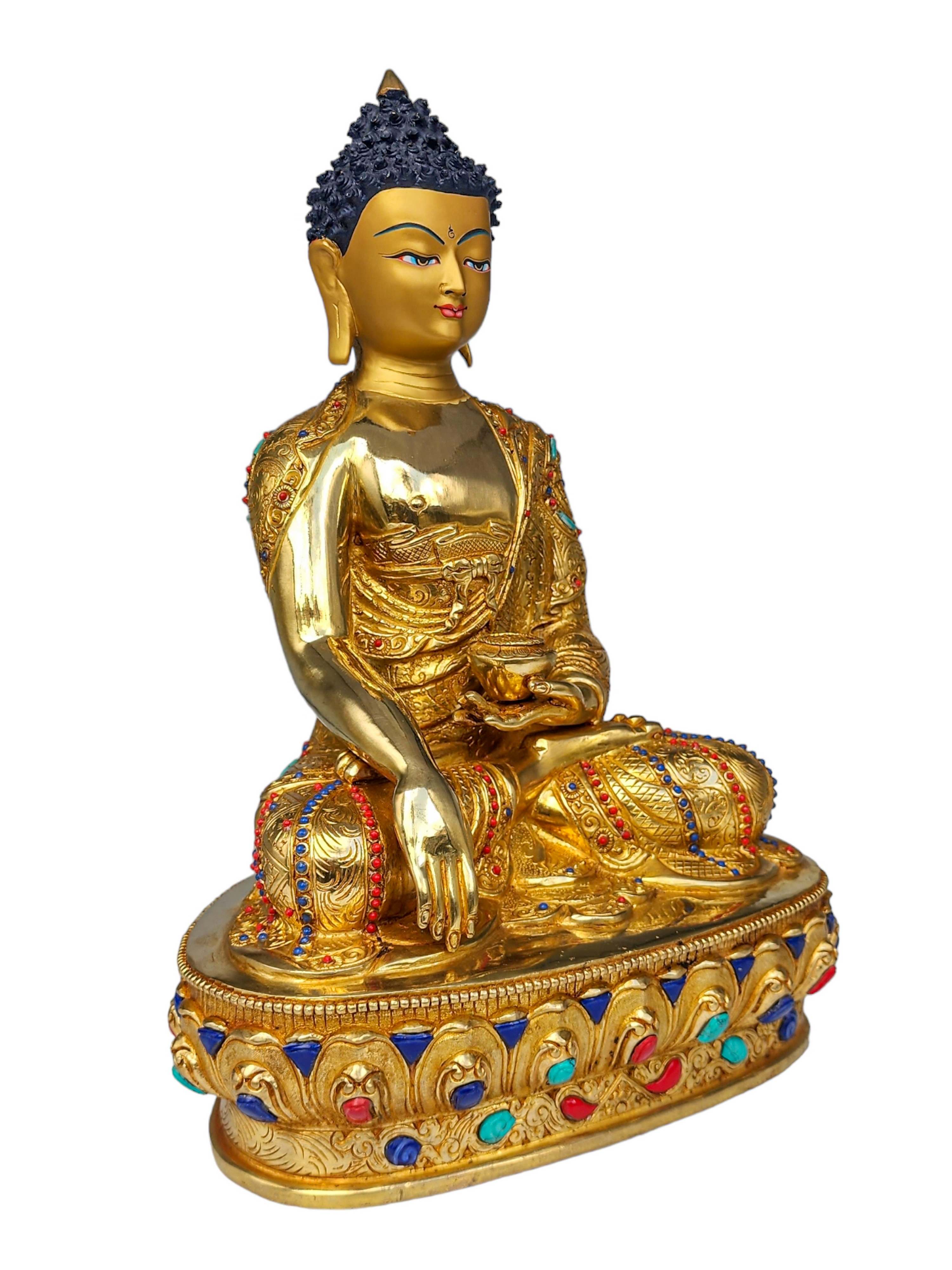 shakyamuni Buddha, Buddhist Handmade Statue, face Painted, gold Plated And stone Setting