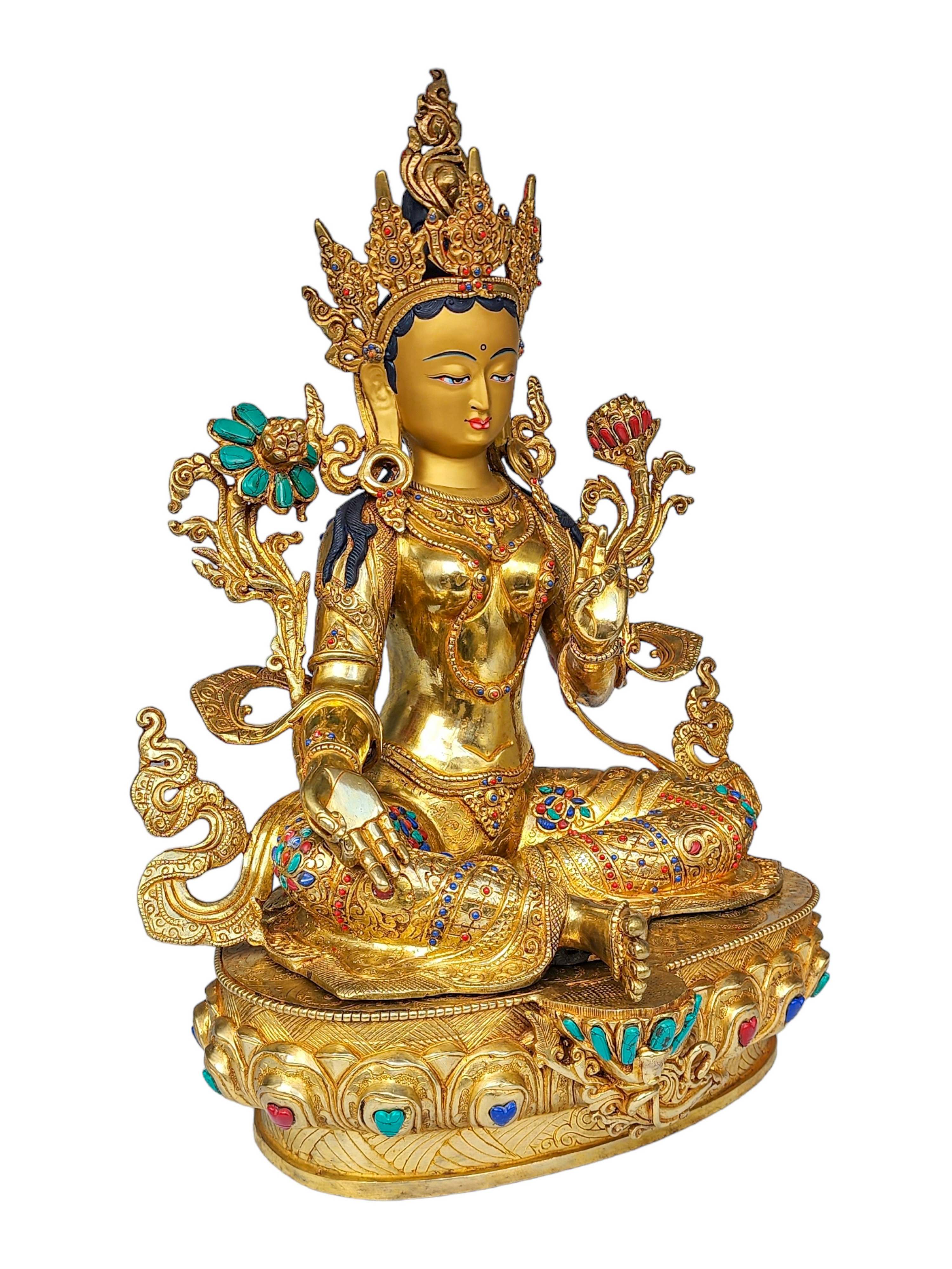 green Tara, Buddhist Handmade Statue, face Painted, gold Plated And stone Setting