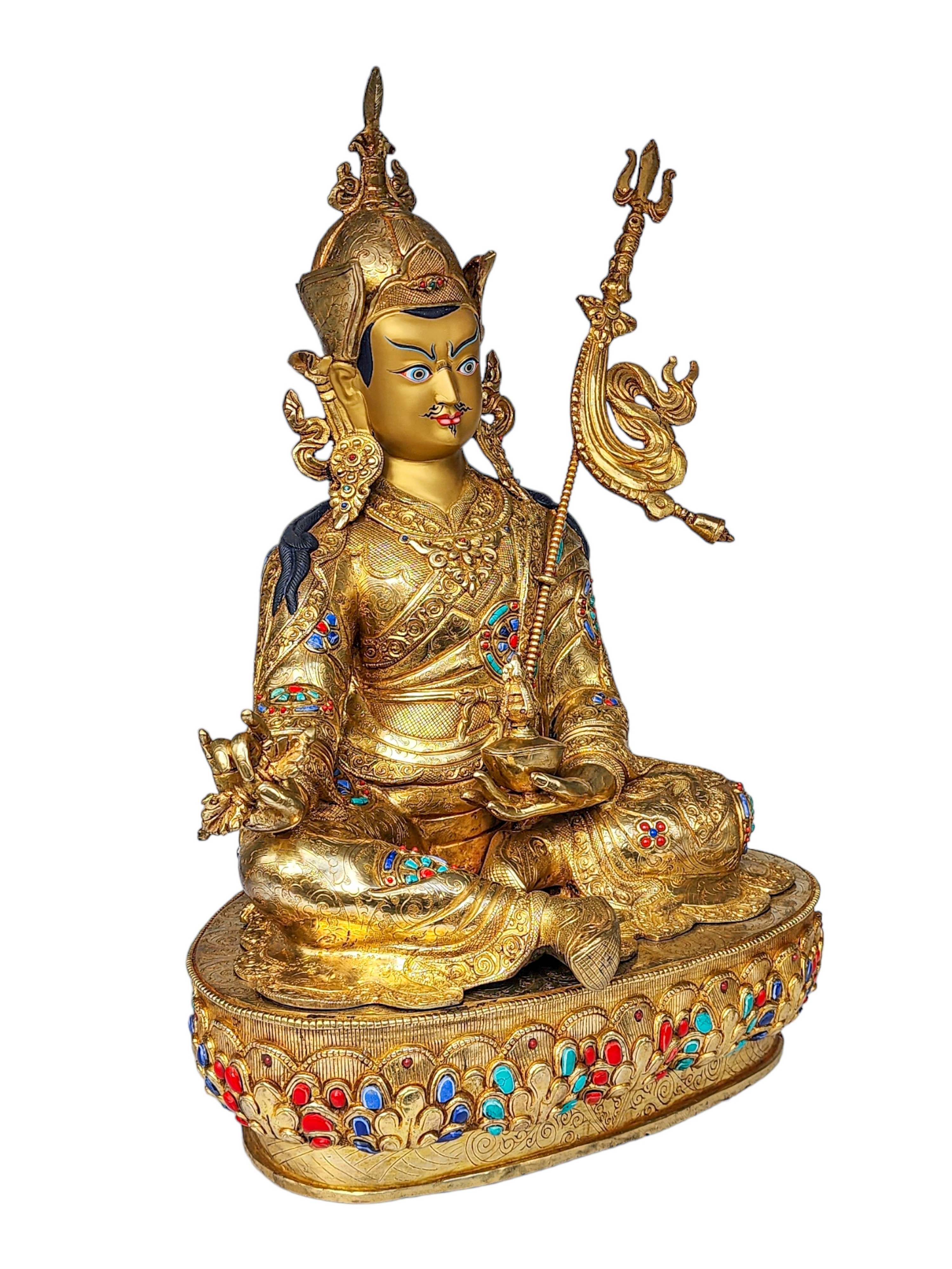 padmasambhava, Buddhist Handmade Statue, face Painted, gold Plated And stone Setting