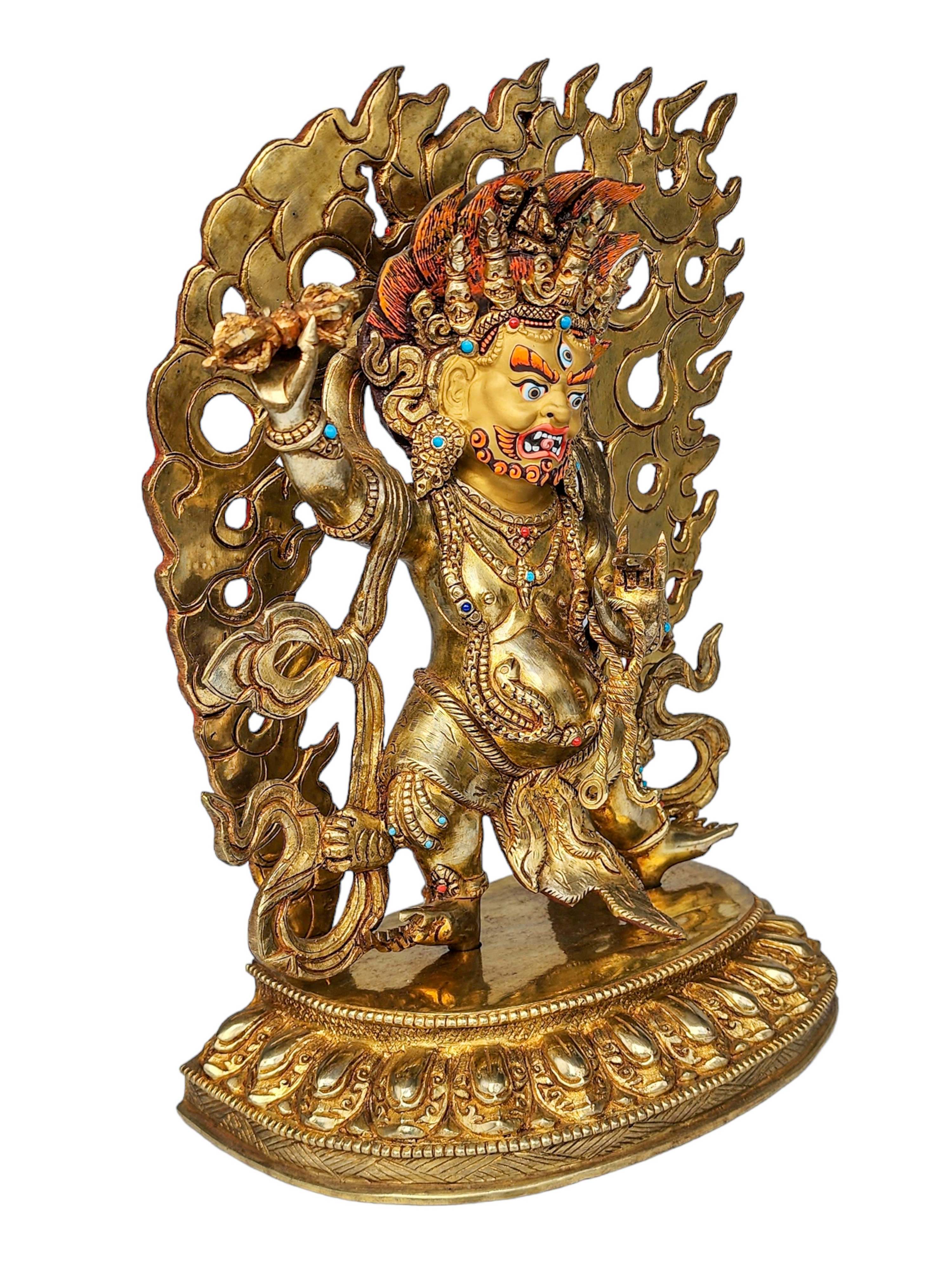 vajrapani, Buddhist Handmade Statue, face Painted, gold Plated And stone Setting