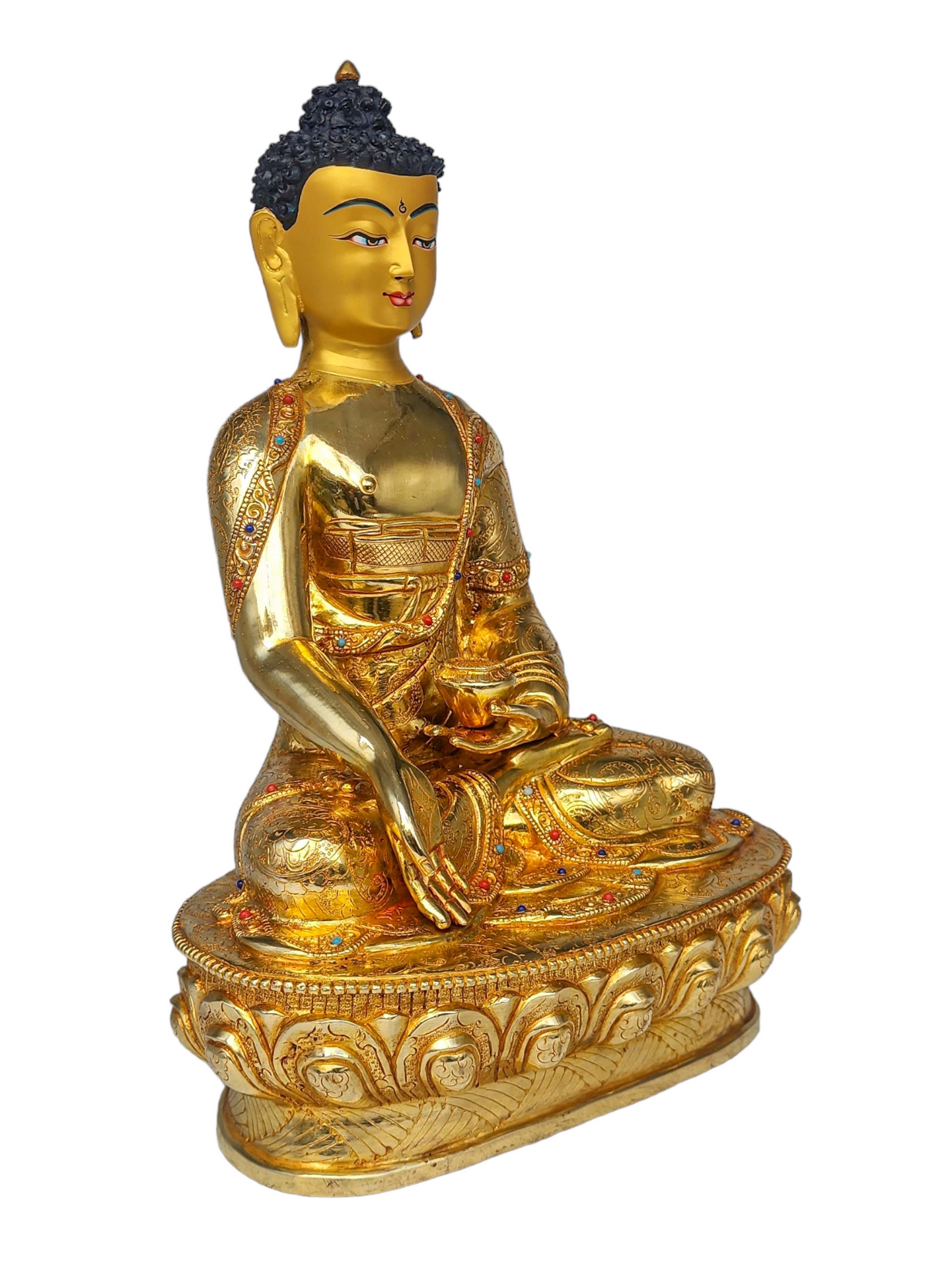 ratnasambhava Buddha, Buddhist Handmade Statue, face Painted, gold Plated And stone Setting