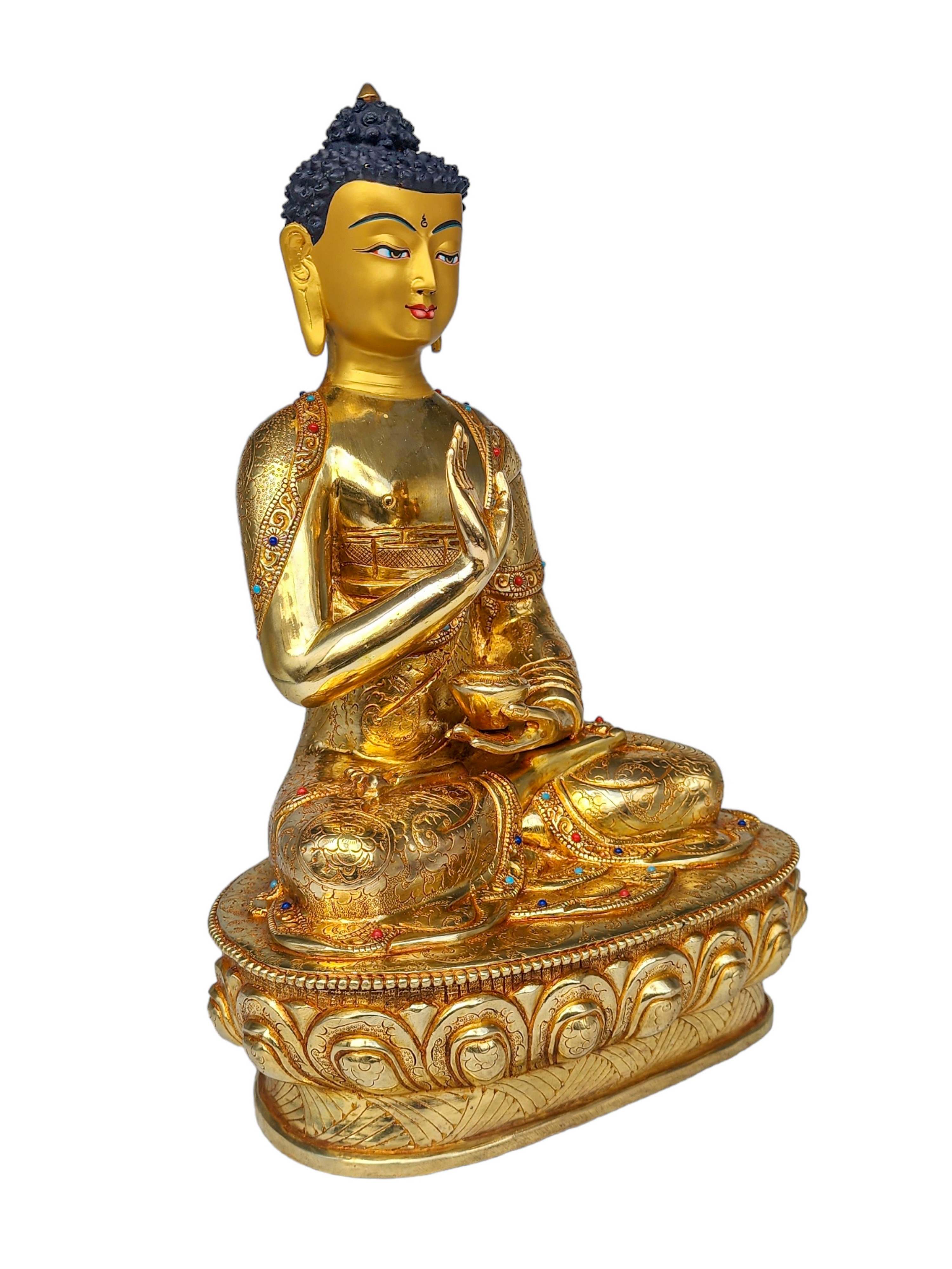 amoghasiddhi Buddha, Buddhist Handmade Statue, face Painted, gold Plated And stone Setting