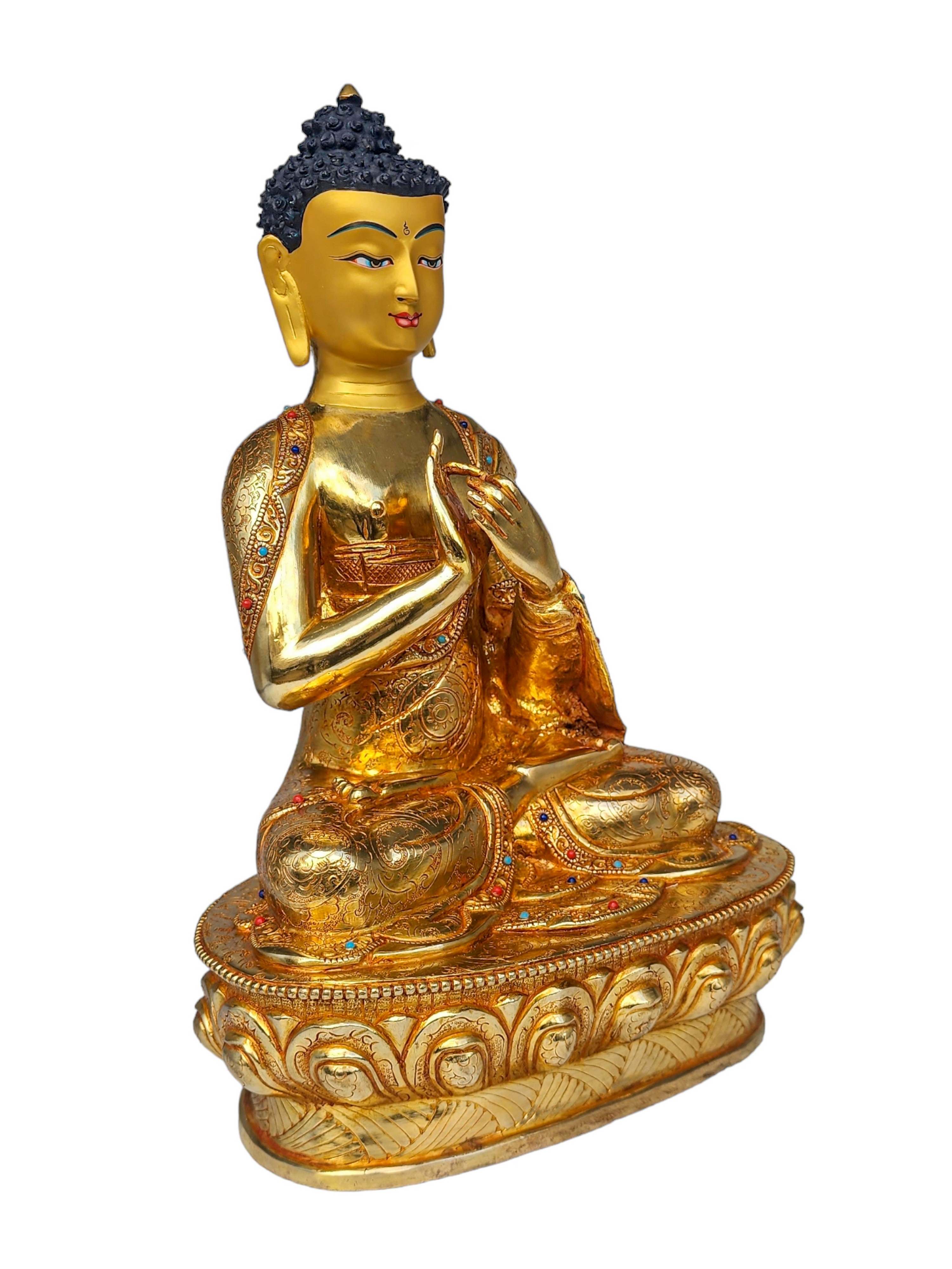 vairochana Buddha, Buddhist Handmade Statue, face Painted, gold Plated And stone Setting