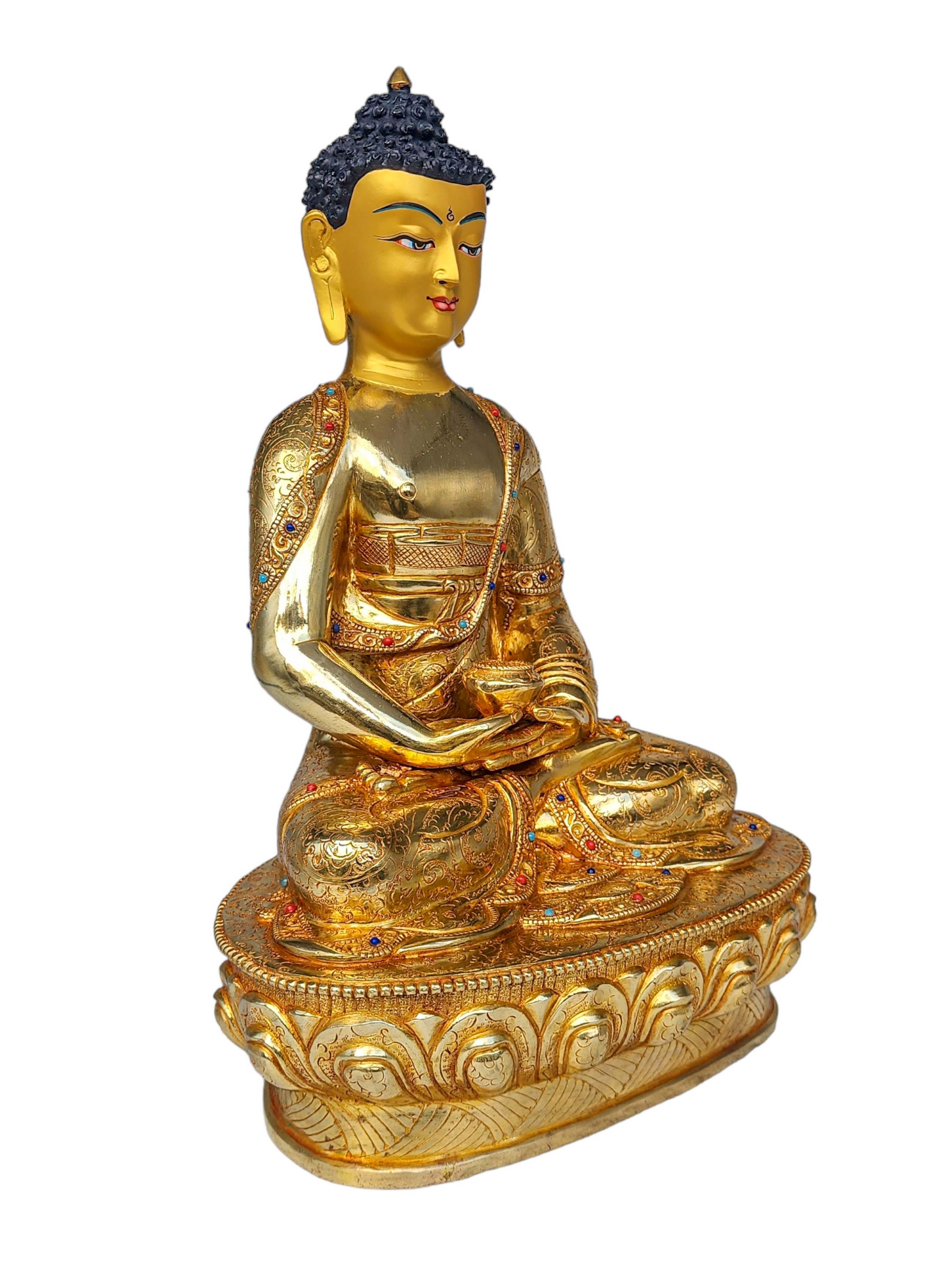 amitabha Buddha, Buddhist Handmade Statue, face Painted, gold Plated And stone Setting