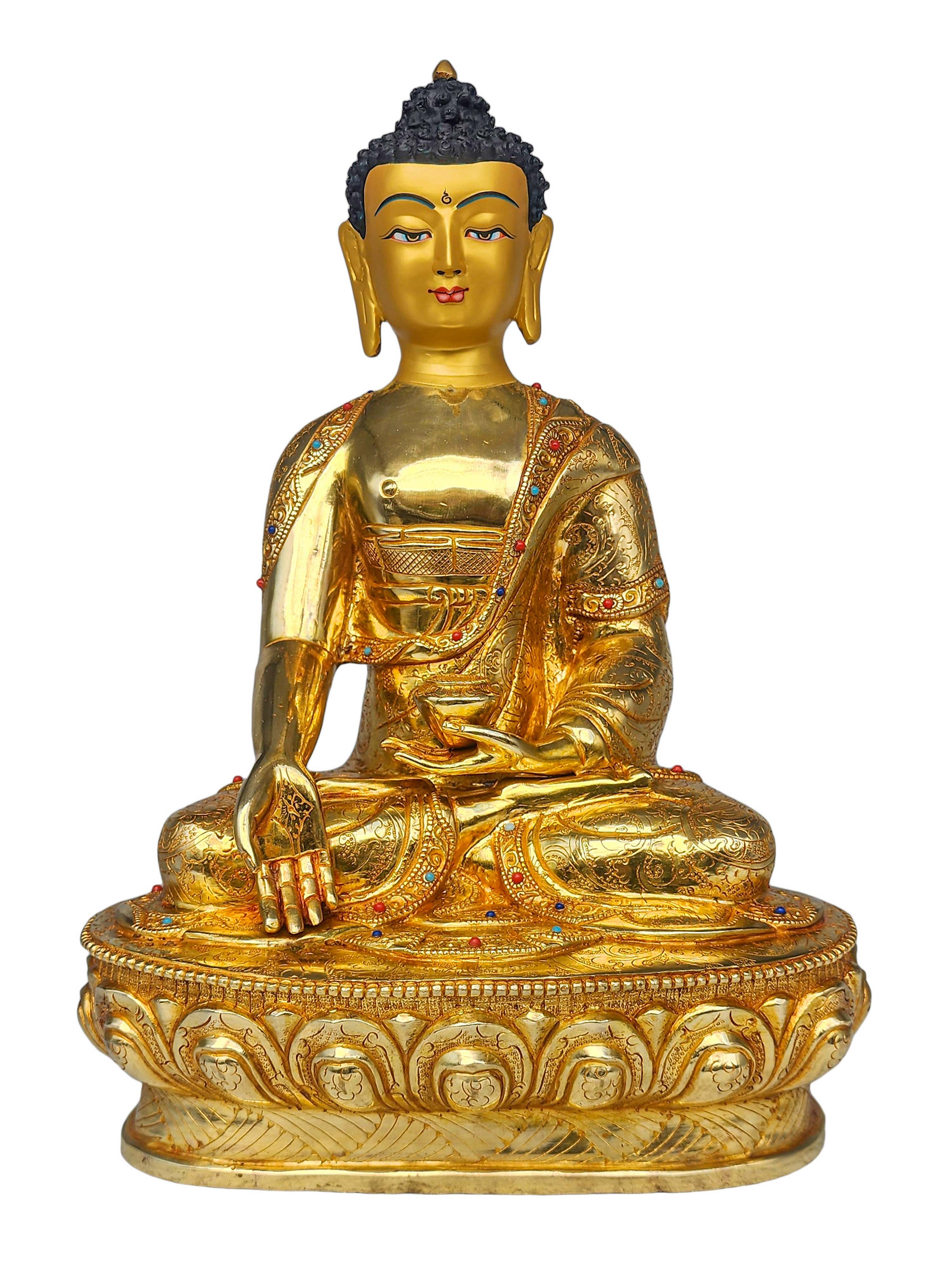 pancha Buddha Set Of Shakyamuni Buddha, Amitabha Buddha, Ratnasambhava Buddha, Vairochana Buddha, Amoghasiddi Buddha, Buddhist Handmade Statue, full Gold Plated, Face Painted And stone Setting