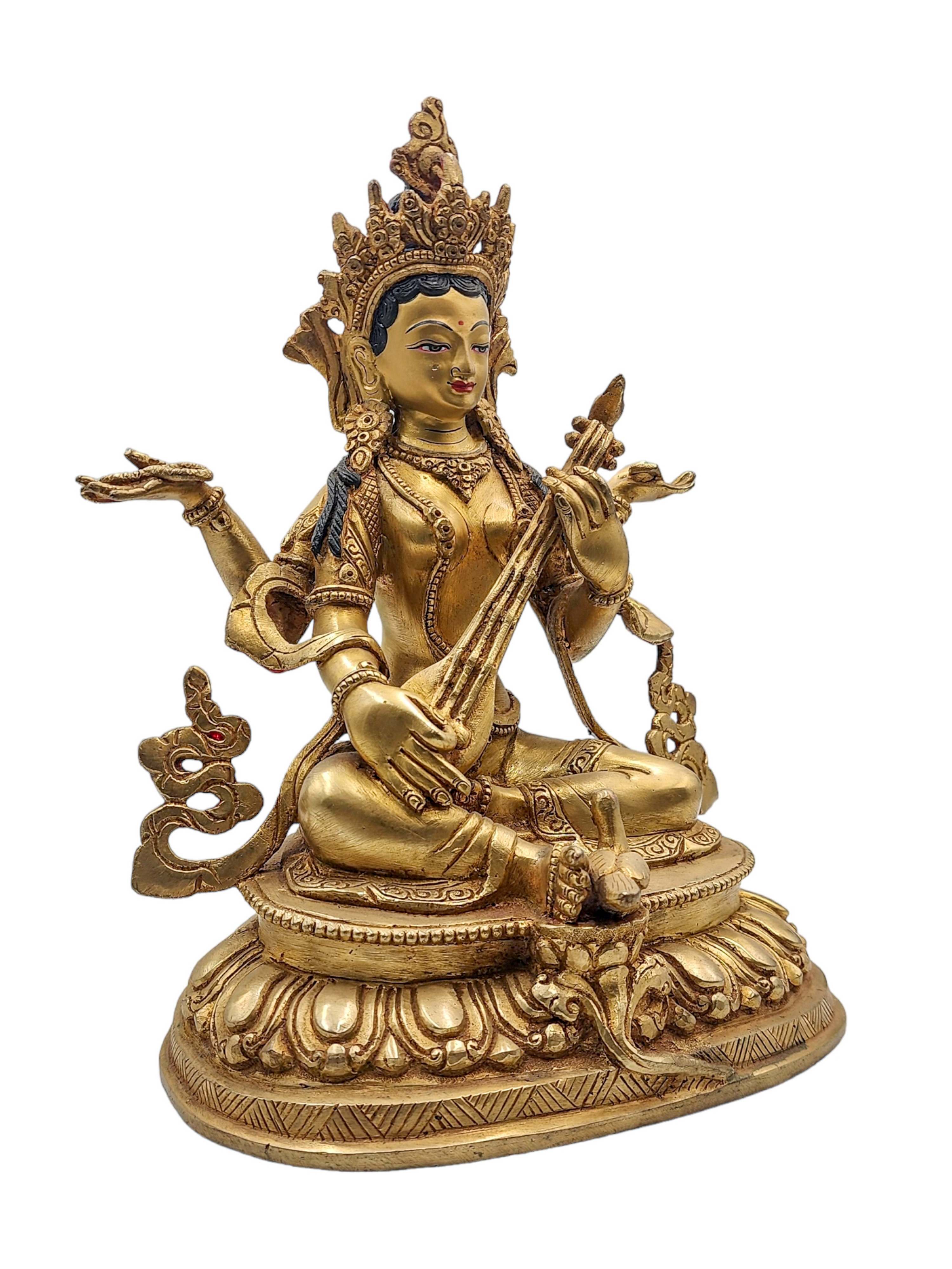 saraswati, Hindu Handmade Statue, gold Plated, faced Painted