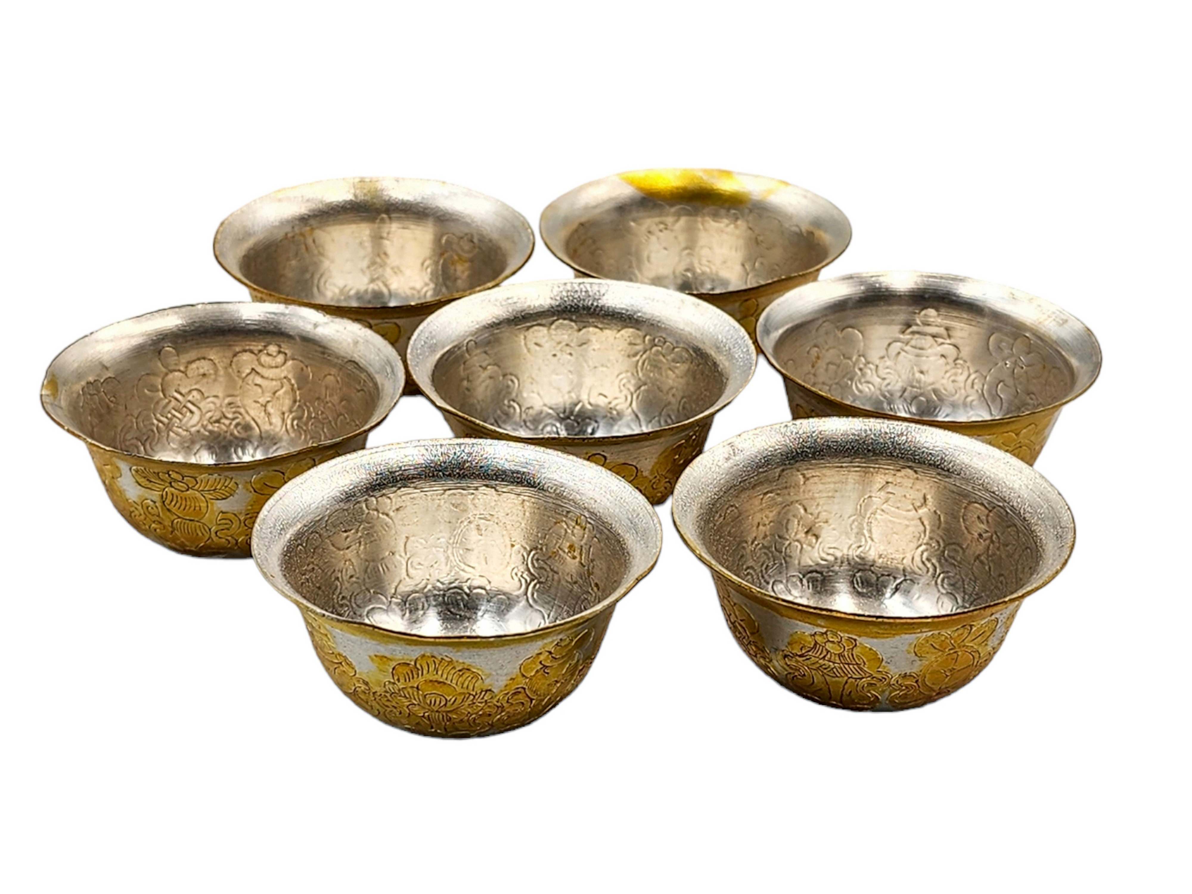 Copper Offering Bowl, Hand Carved 7 Pcs Set, Gold And Silver Plated