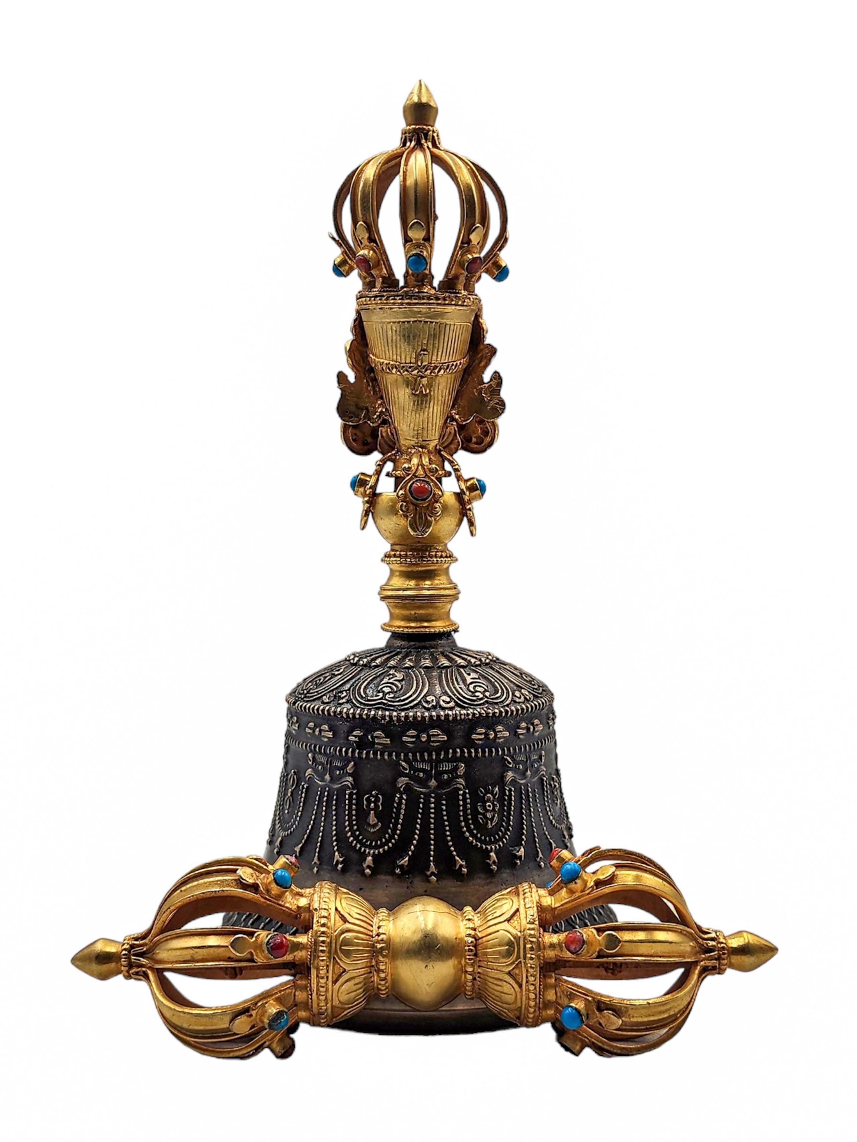 Bell And Dorje vajra, Bronze, high Quality, gold Plated, stone Setting