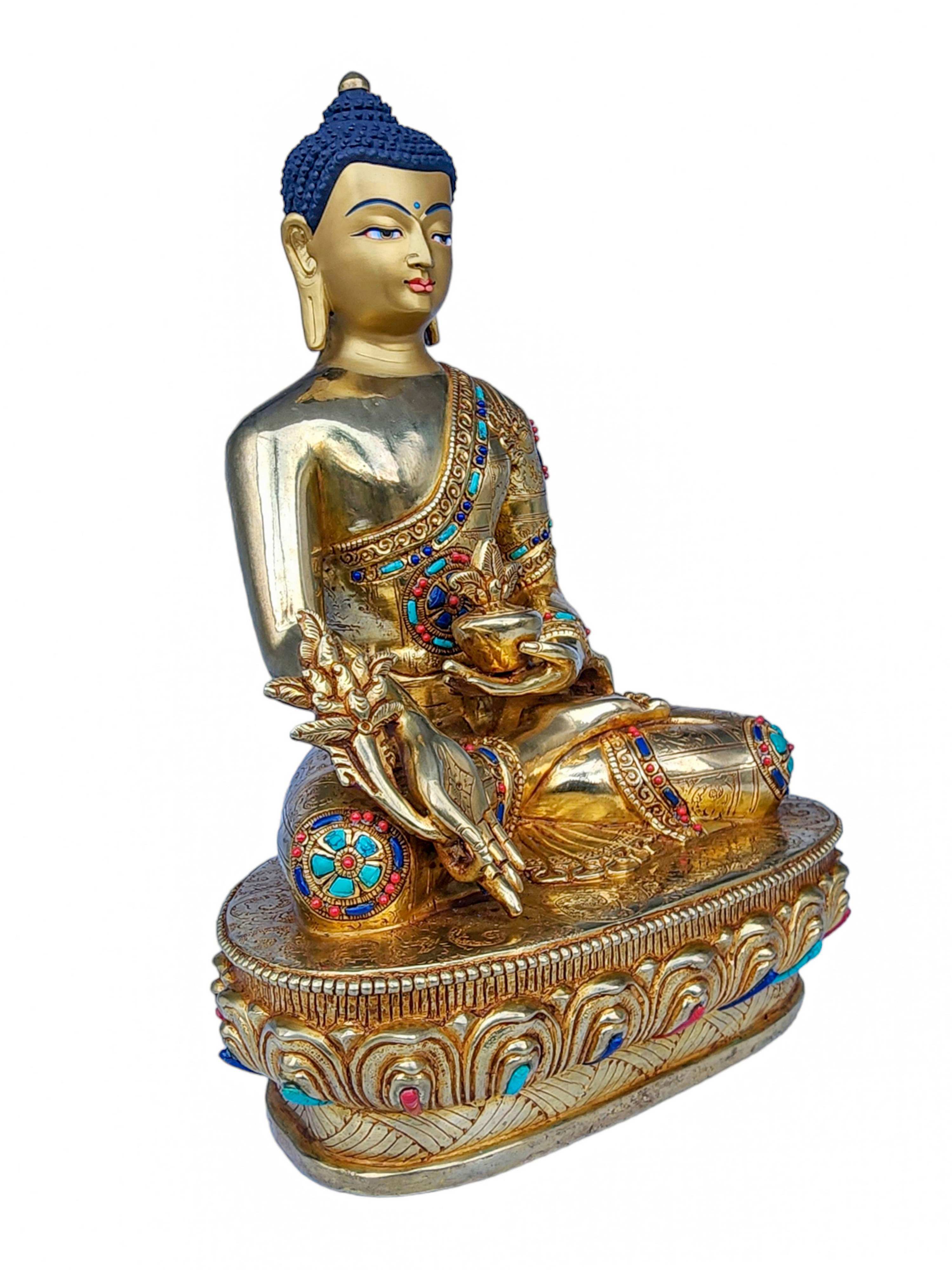 medicine Buddha, Buddhist Handmade Statue, face Painted, gold Plated And stone Setting