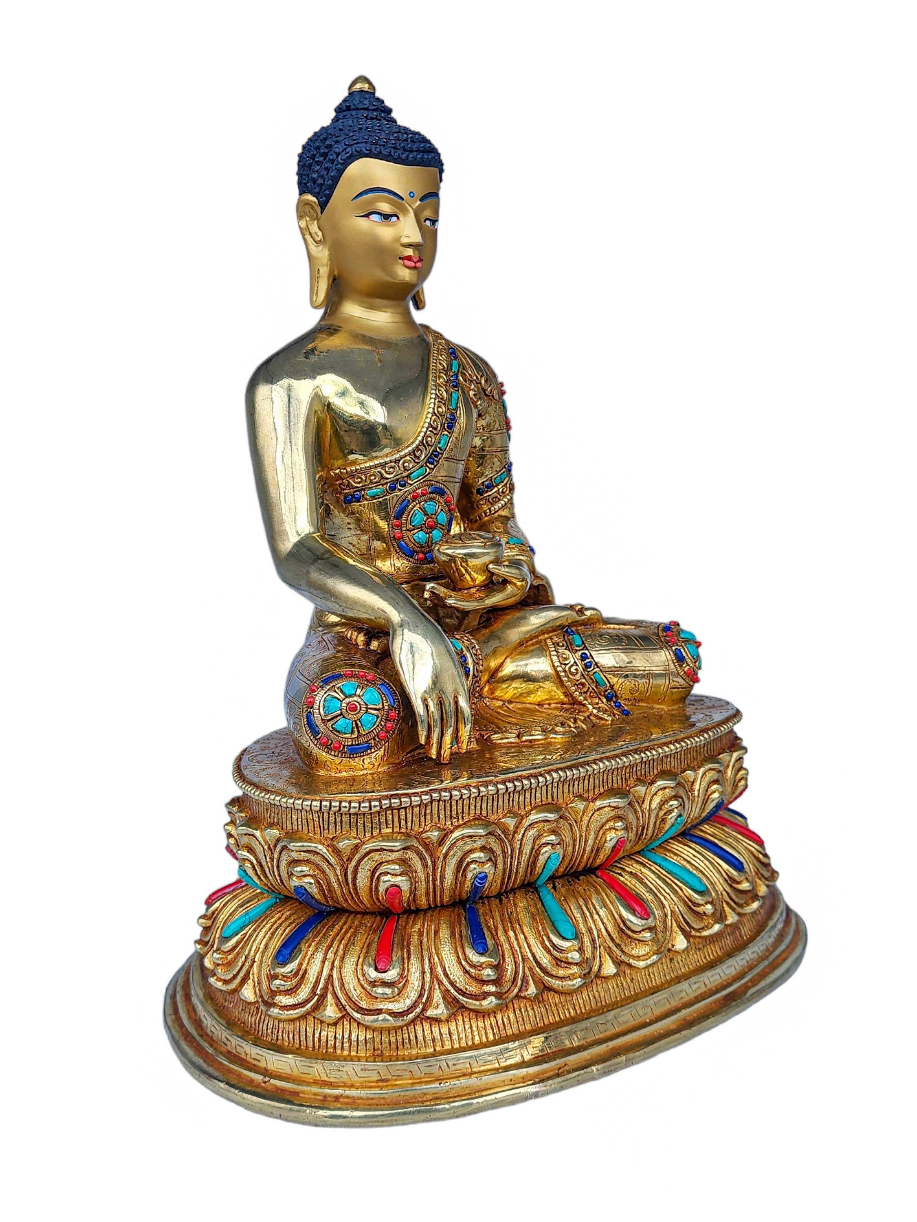 shakyamuni Buddha, Buddhist Handmade Statue With Double Base, face Painted, gold Plated And stone Setting
