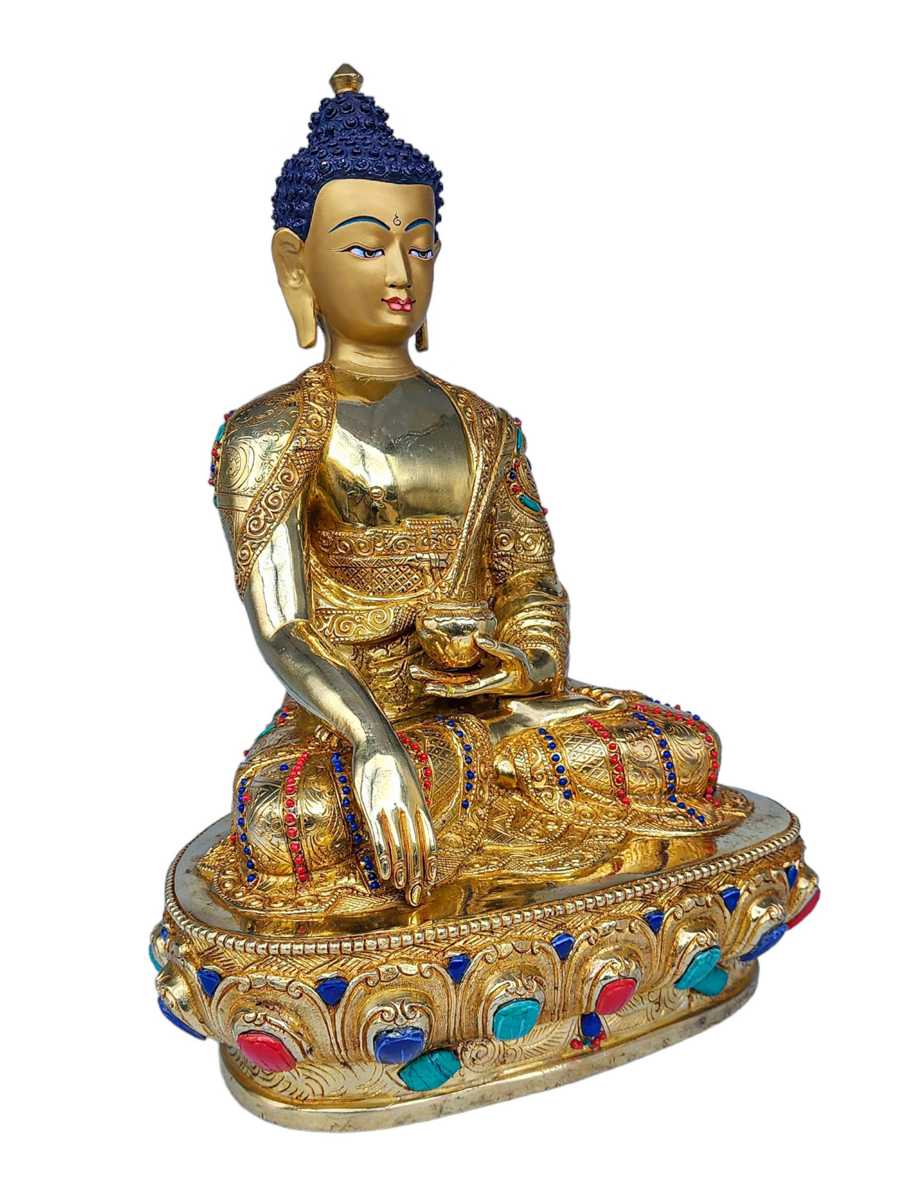 shakyamuni Buddha, Buddhist Handmade Statue, face Painted, gold Plated And stone Setting