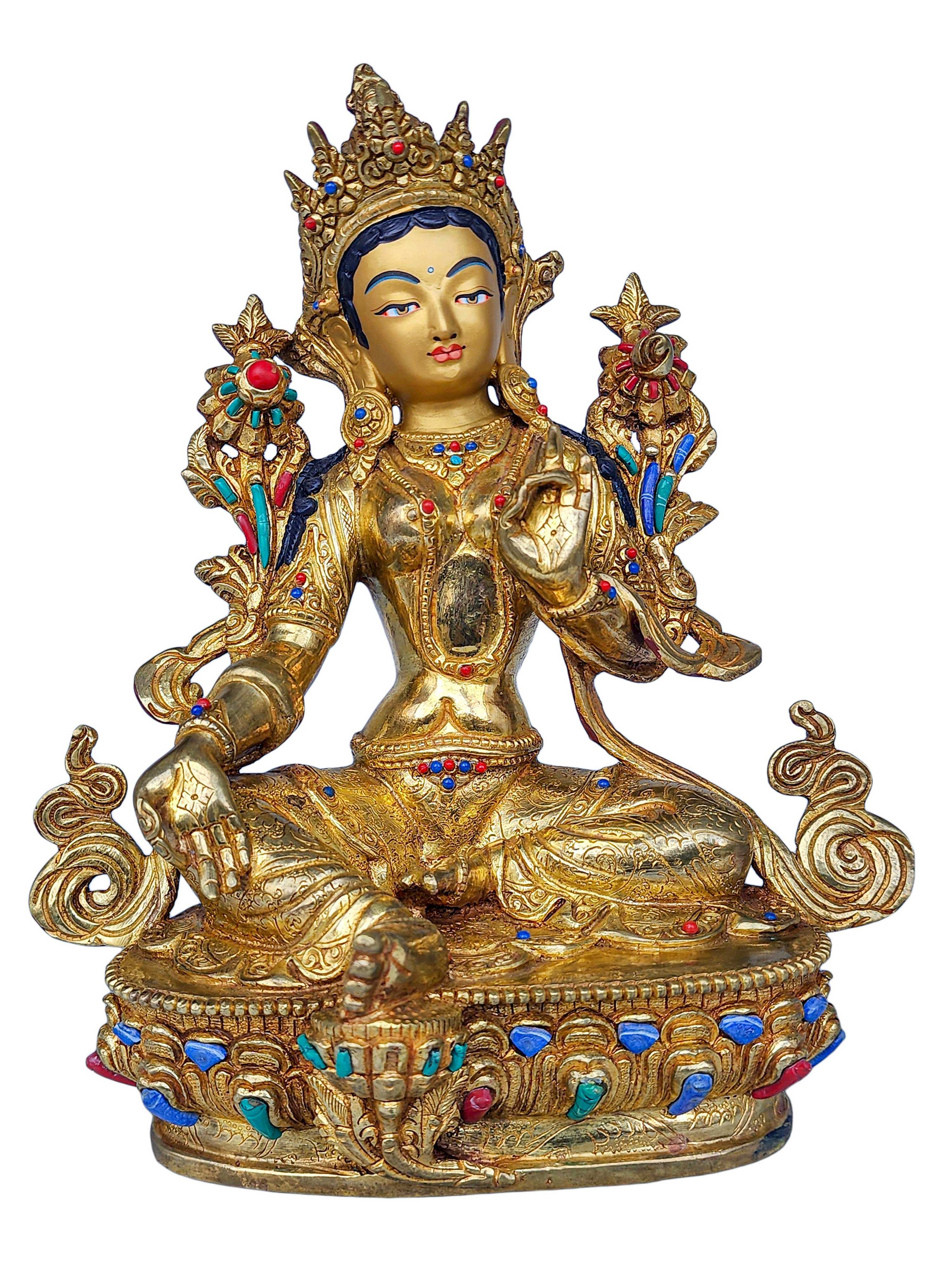 21 Tara Set, Buddhist Handmade Statue, face Painted, gold Plated And stone Setting
