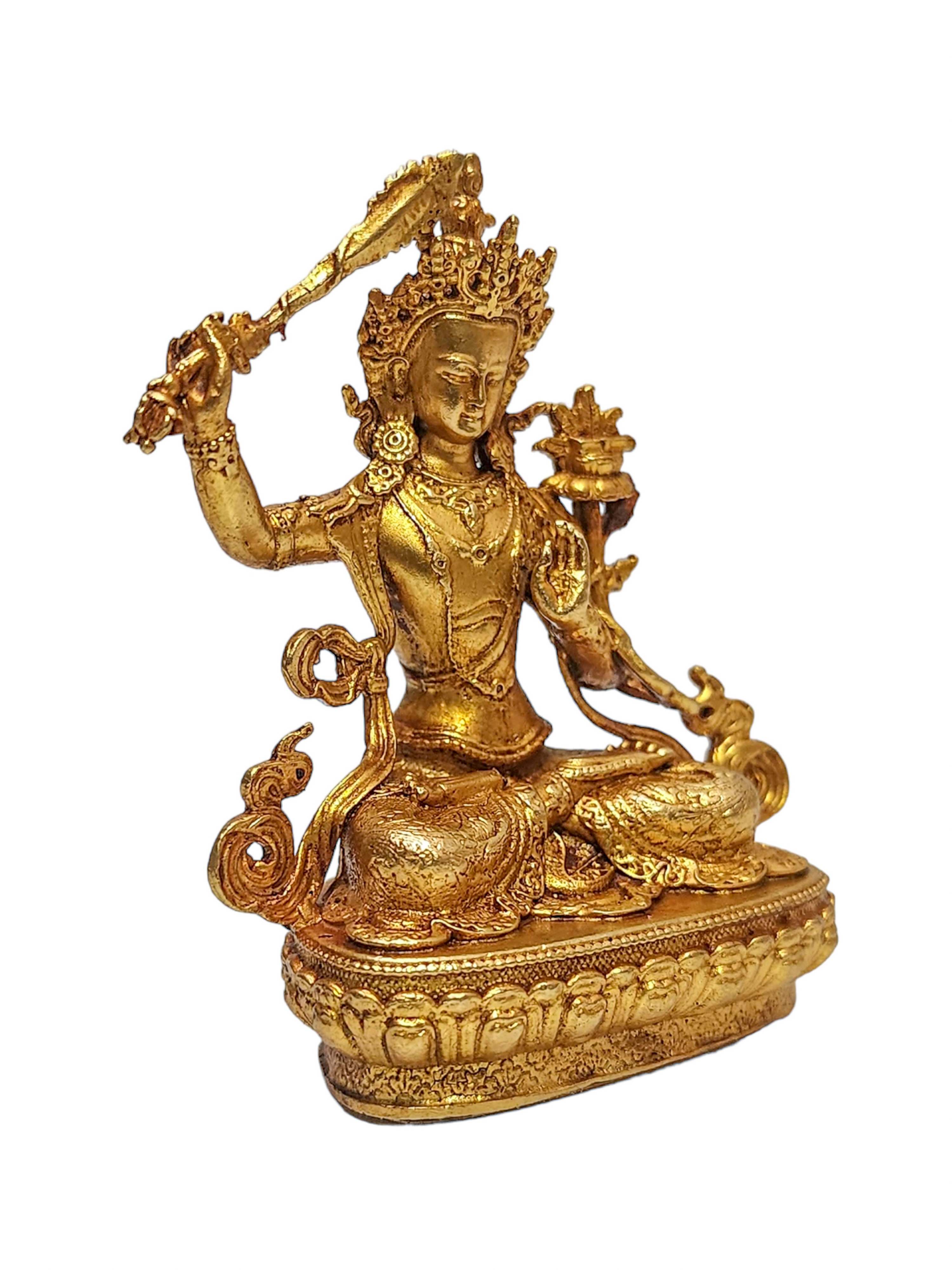 Buddhist Miniature Statue Of Manjushri Or Manjushree, gold Plated