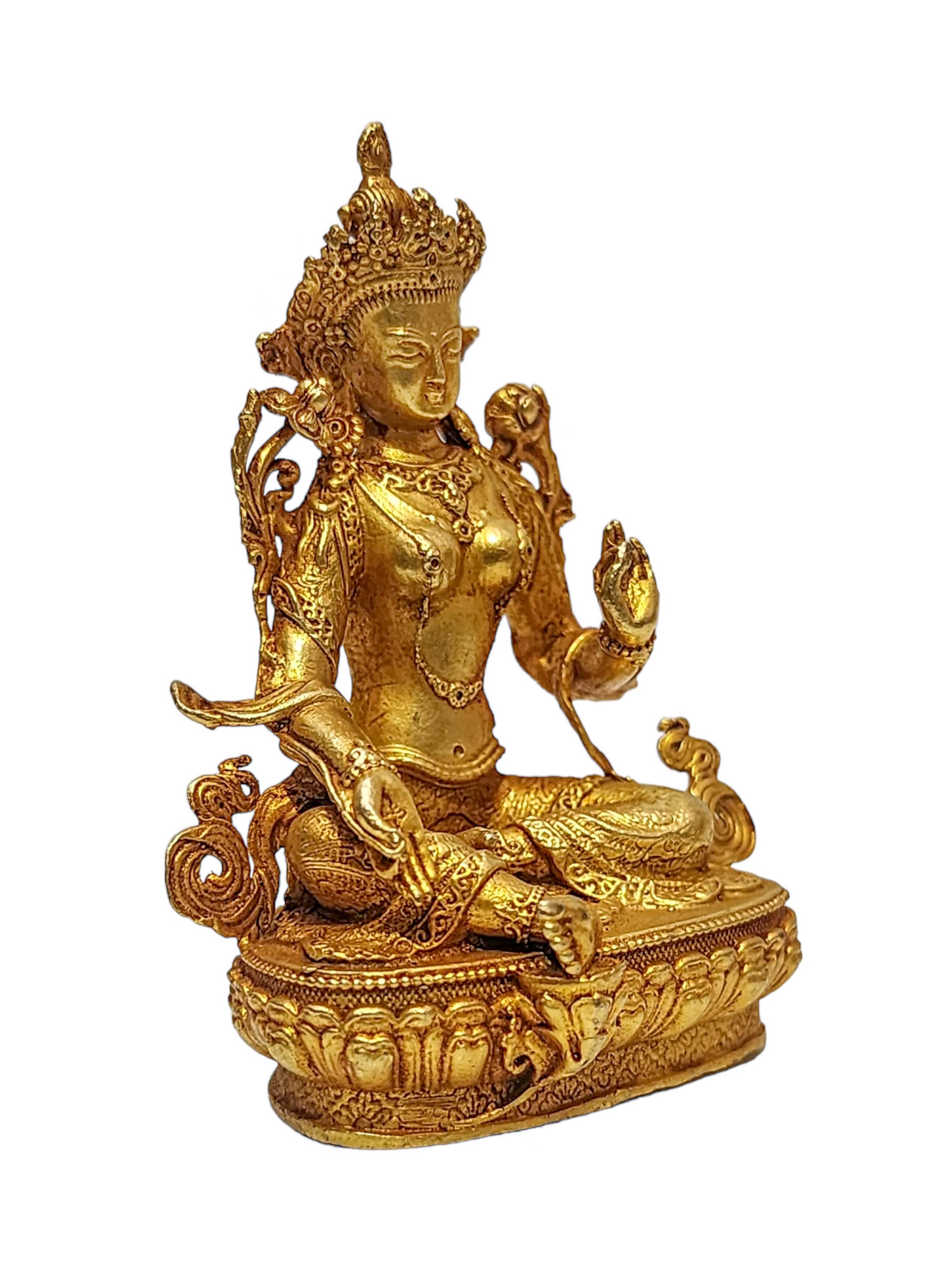 Buddhist Miniature Statue Of Green Tara, gold Plated