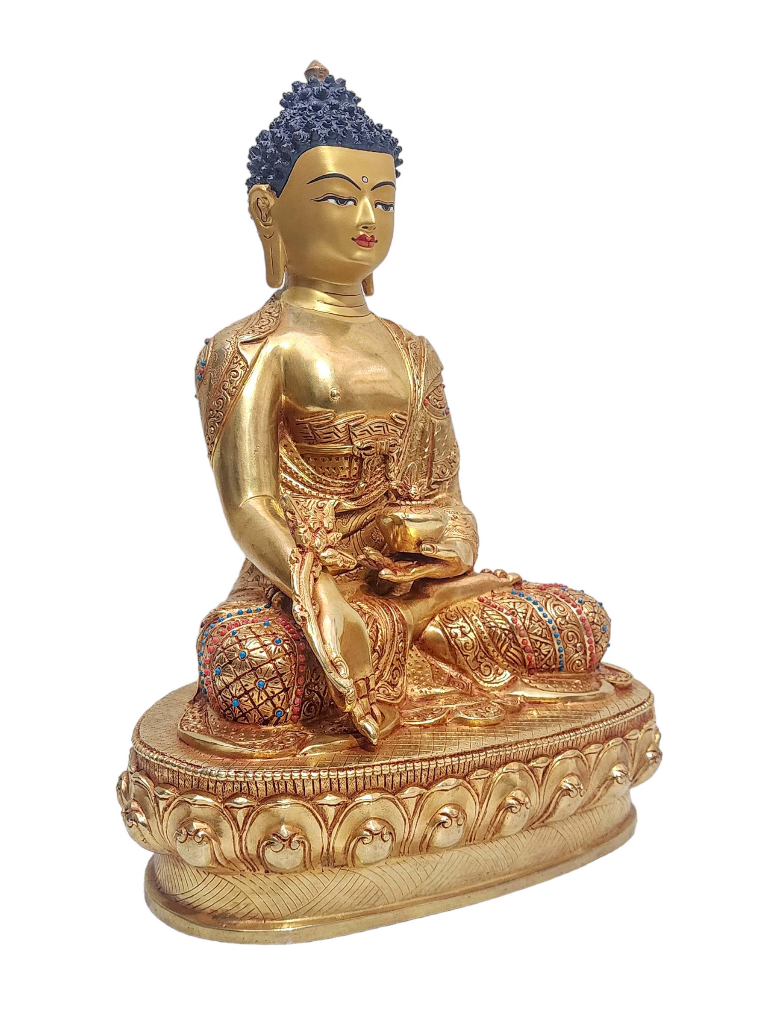 medicine Buddha, Buddhist Handmade Statue, face Painted, stone Setting And gold Plated