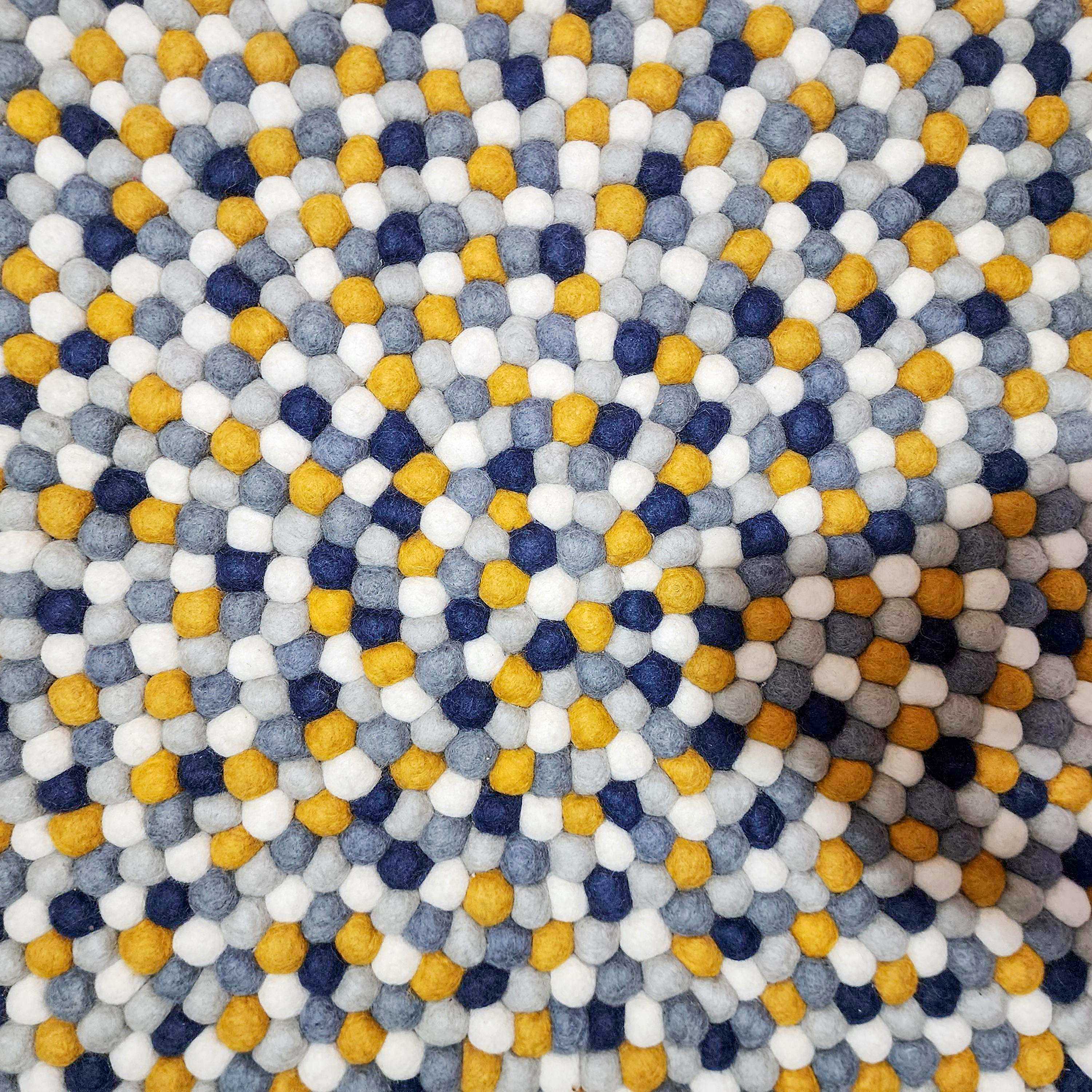 felt Beads Matt, Handwoven In Nepal, Blue, Yellow And White Color, Large Size, Felt Carpet
