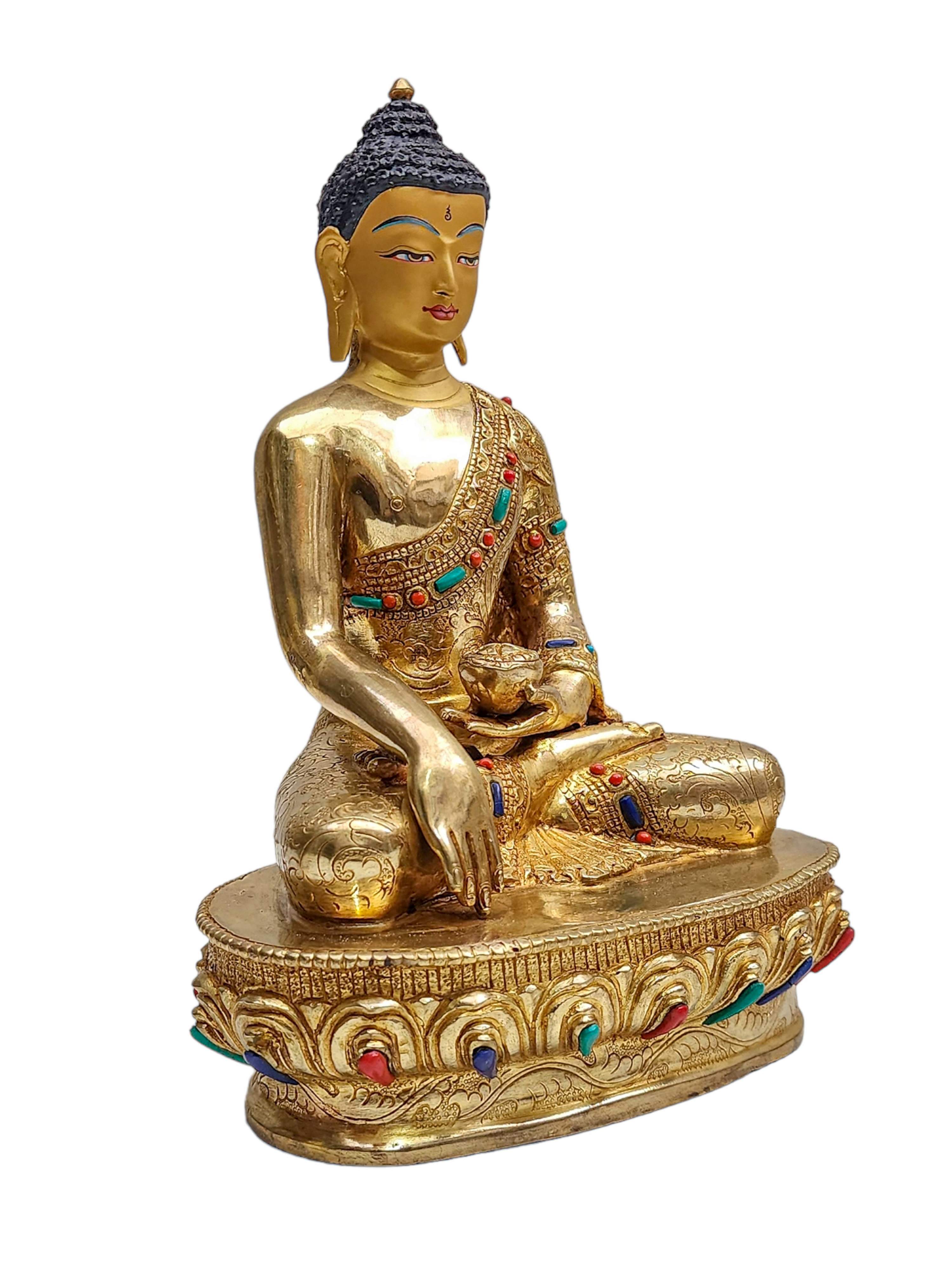 shakyamuni Buddha, Buddhist Handmade Statue, face Painted, stone Setting And gold Plated