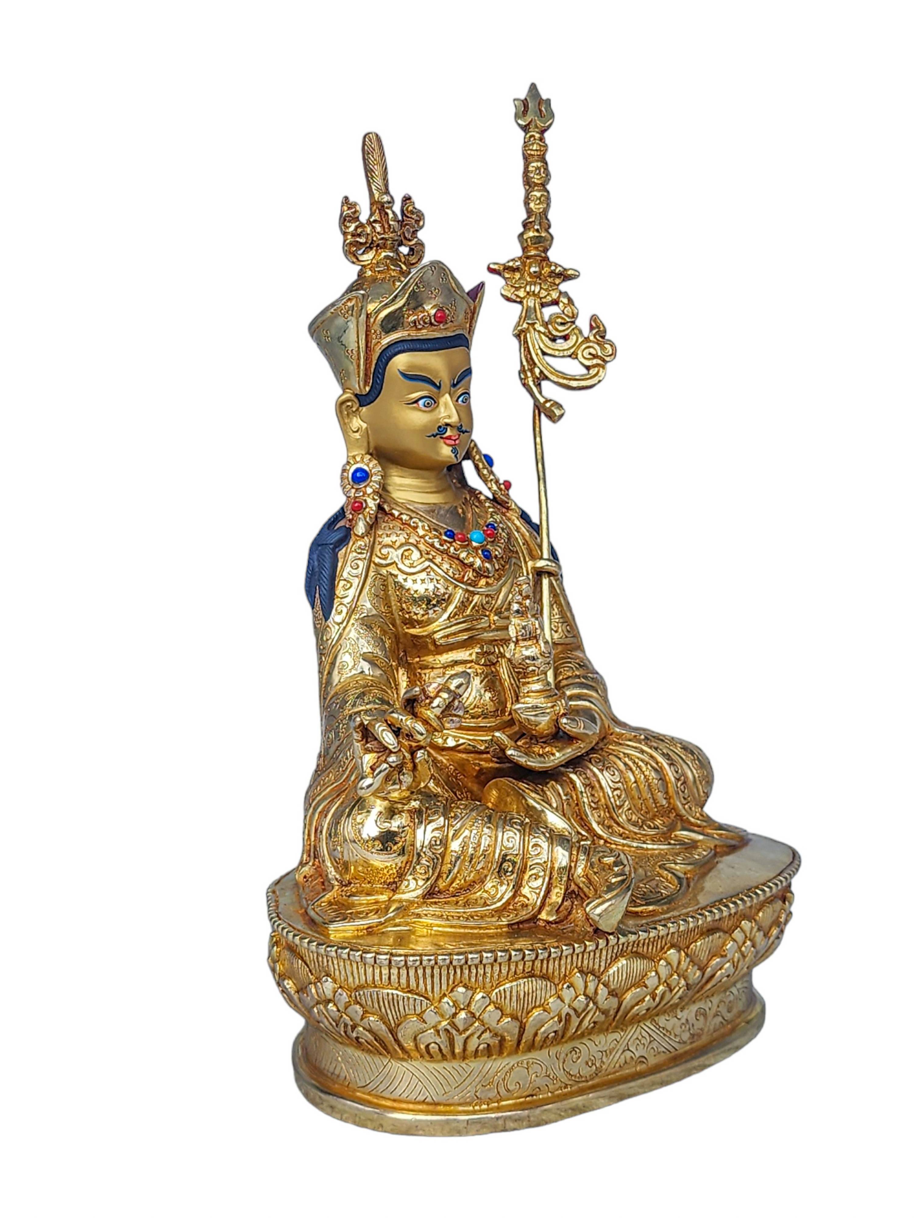 padmasambhava, Buddhist Handmade Statue, face Painted, stone Setting And gold Plated