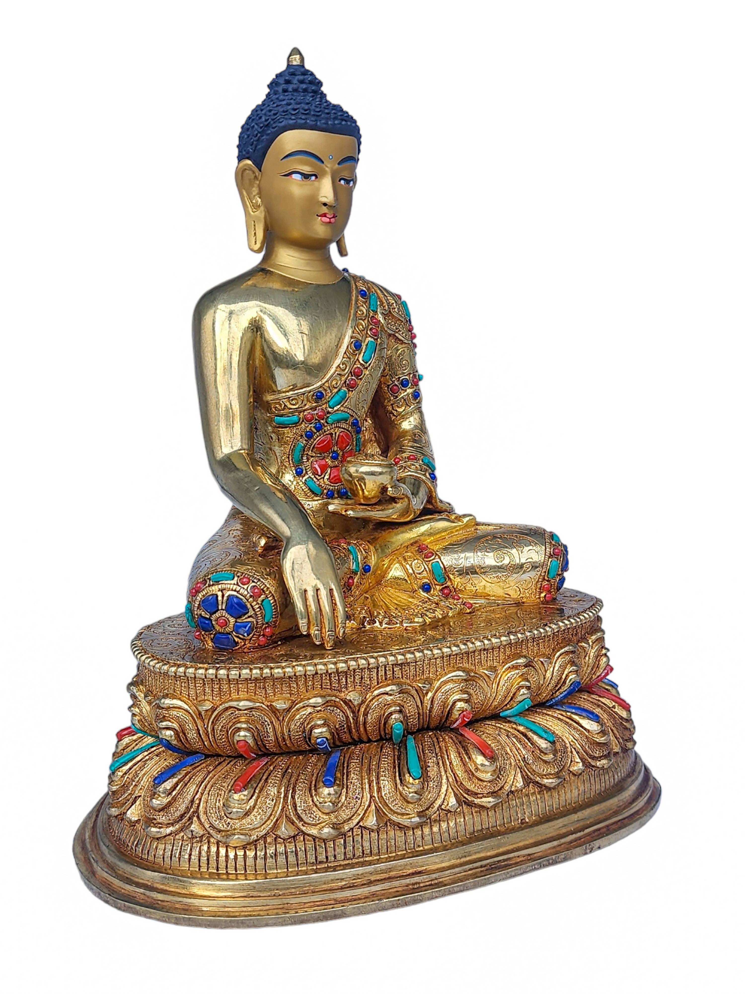 shakyamuni Buddha, Buddhist Handmade Statue, face Painted, stone Setting And gold Plated