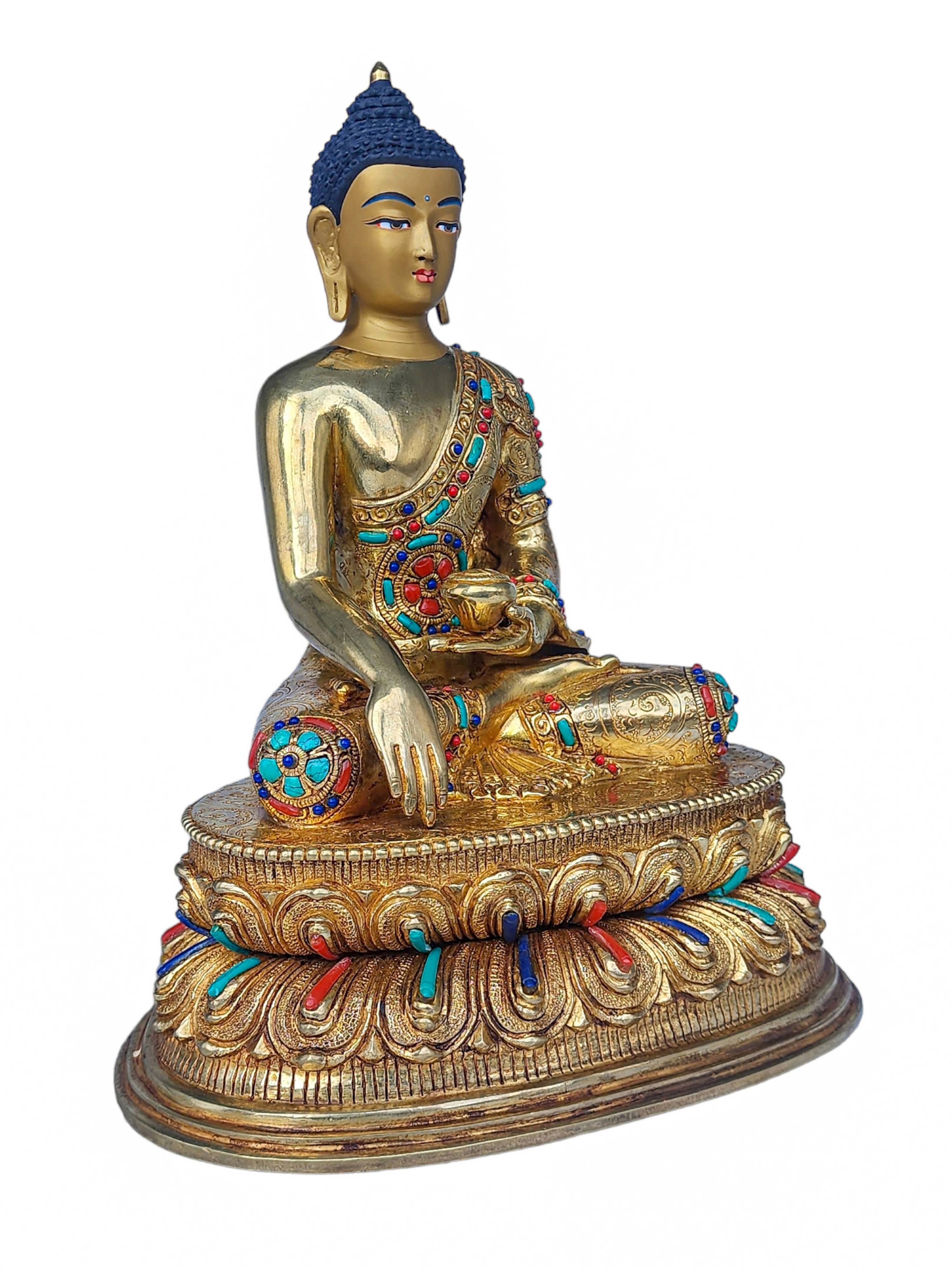 shakyamuni Buddha, Buddhist Handmade Statue, face Painted, stone Setting And gold Plated