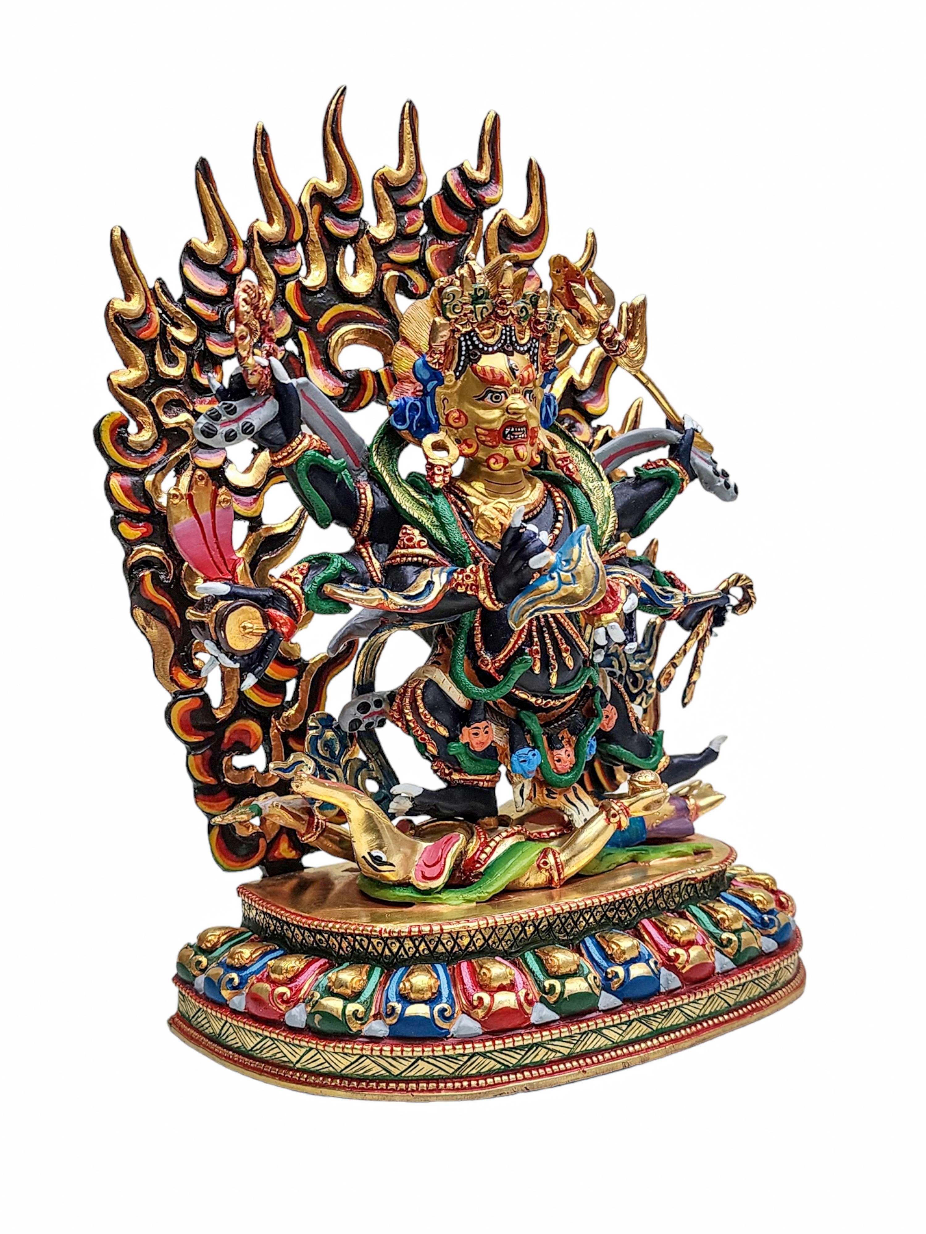 mahakala Black, Buddhist Handmade Statue, face Painted, natural Color Finishing And partly Gold Plated