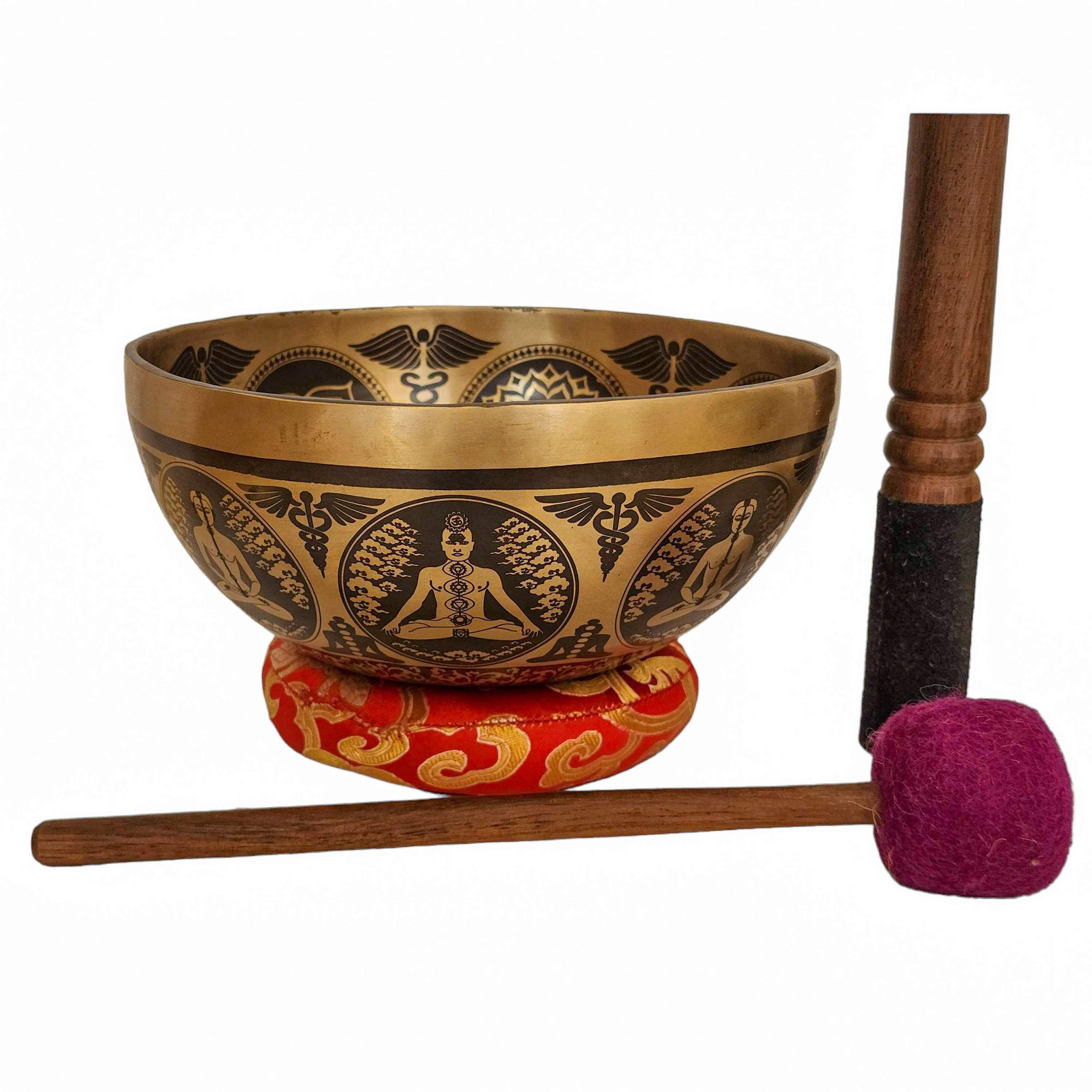 Singing Bowl, Buddhist Hand Beaten, with Fine Etching Carving, 9 by 19. ...