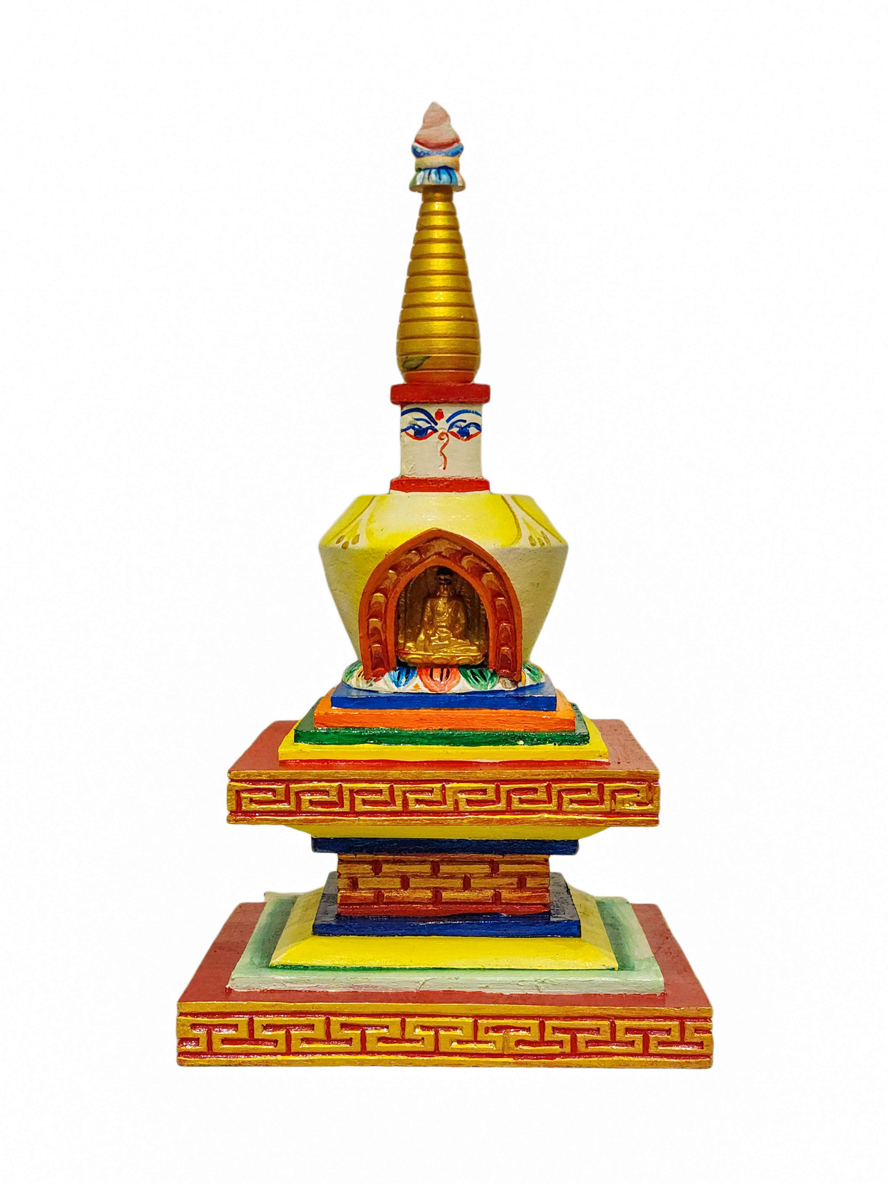 Buddhist Handmade Wooden Stupa, traditional Color