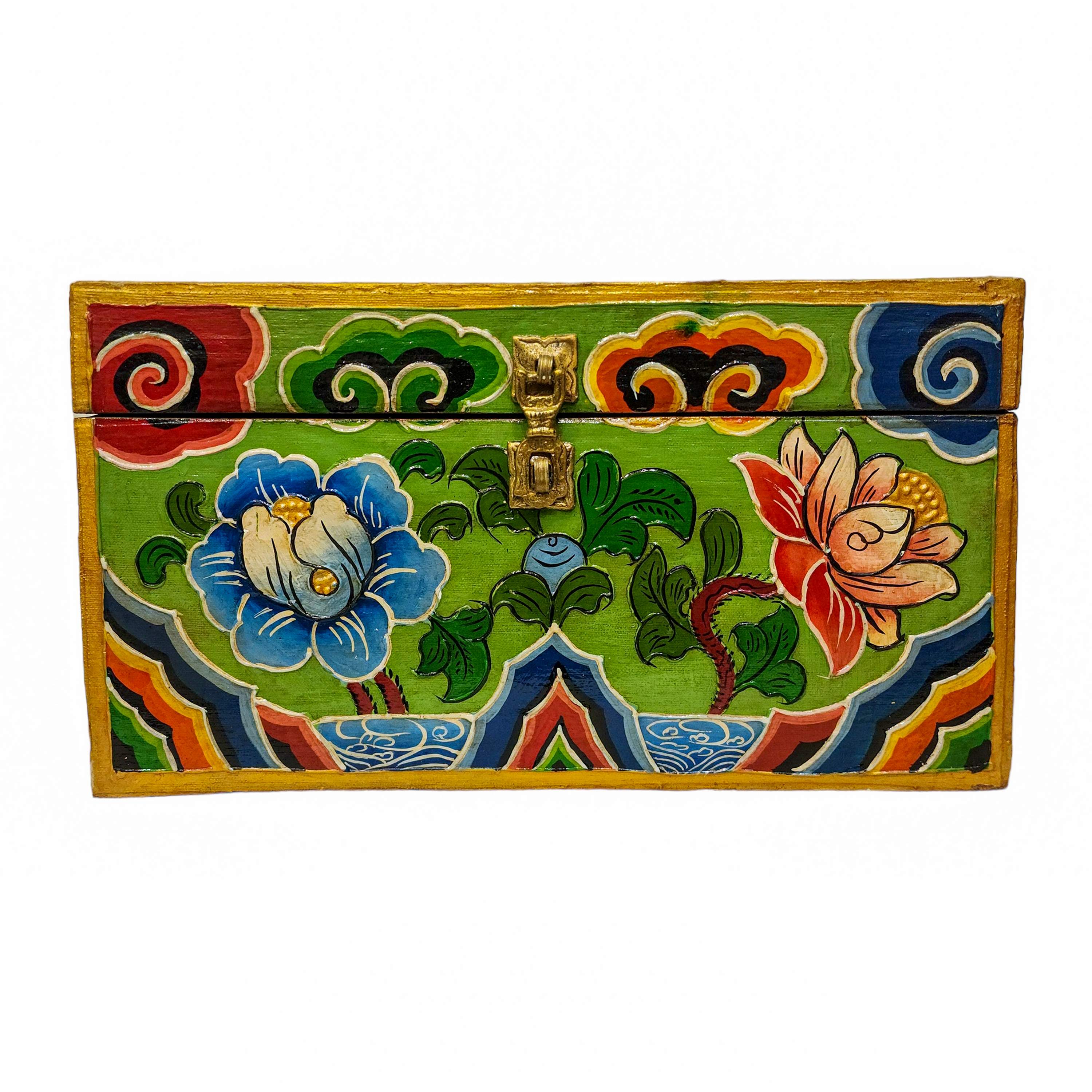 Tibetan Ritual Wooden Box, Traditional Color Painted