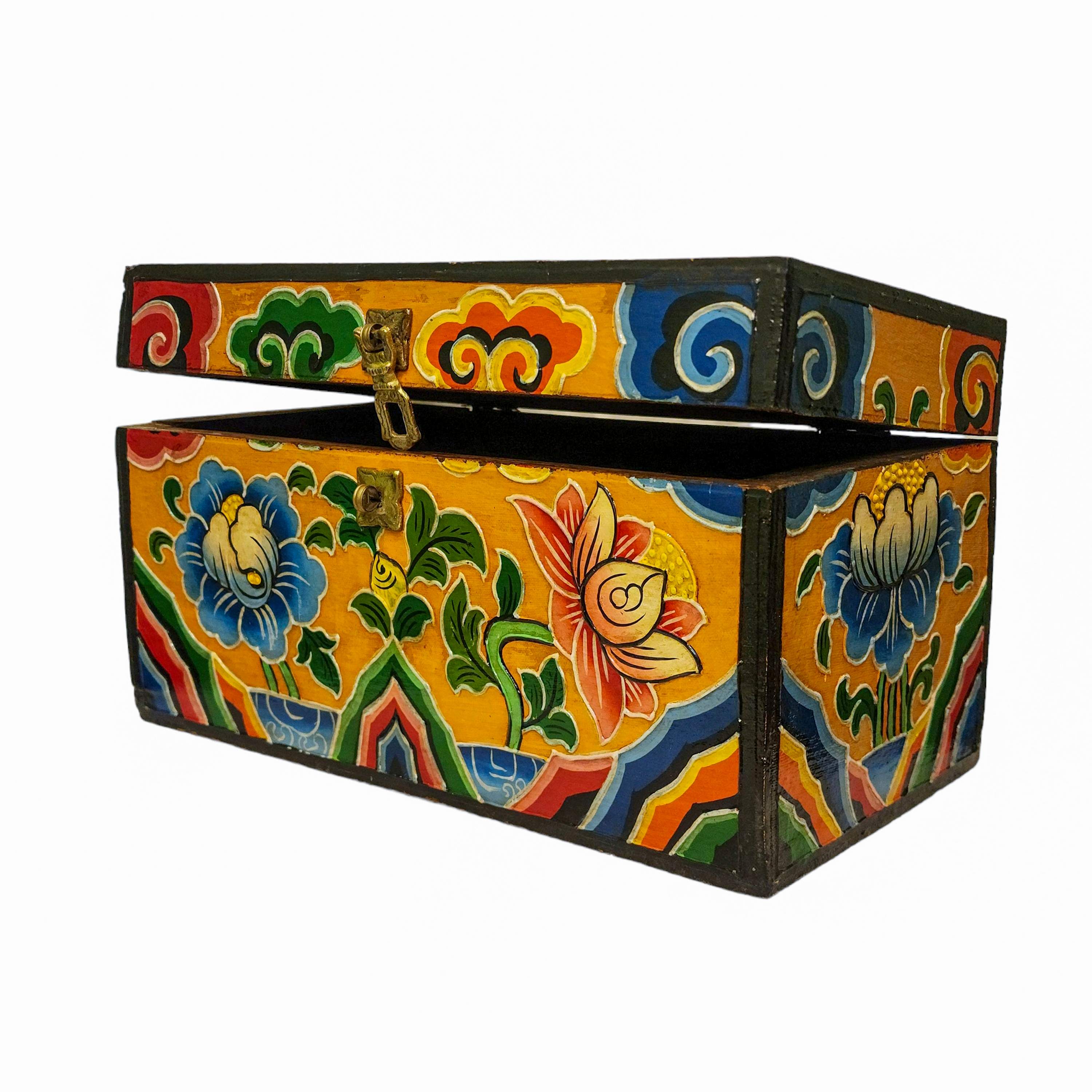 Tibetan Ritual Wooden Box, Traditional Color Painted