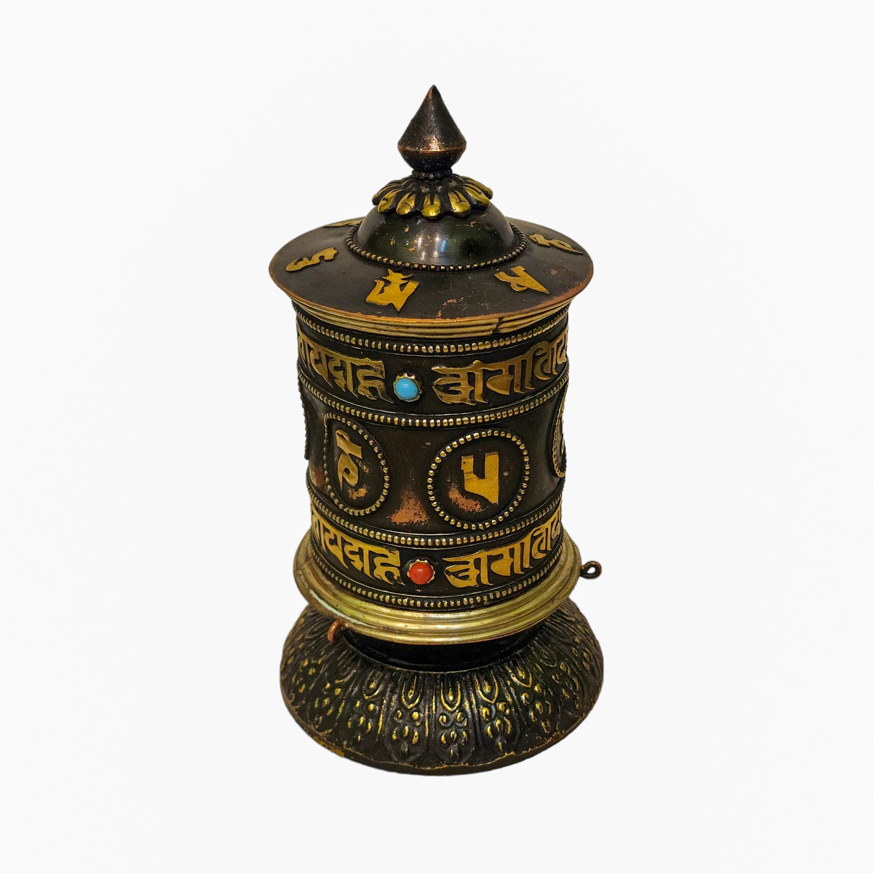 Table Top Prayer Wheel, Buddhist Handmade Prayer Wheel, mantra Inside, stone Setting