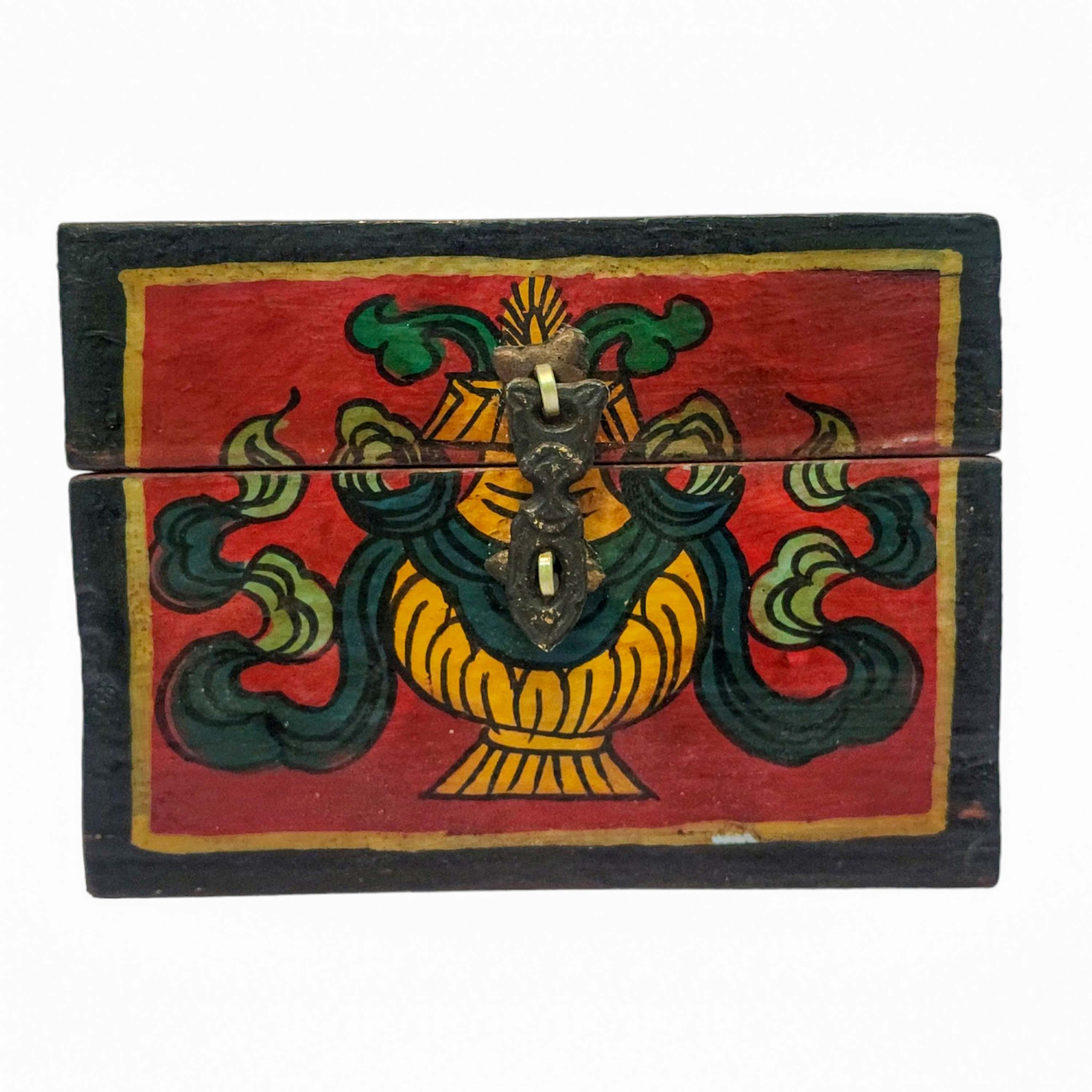 Tibetan Ritual Wooden Box, Traditional Color Painted