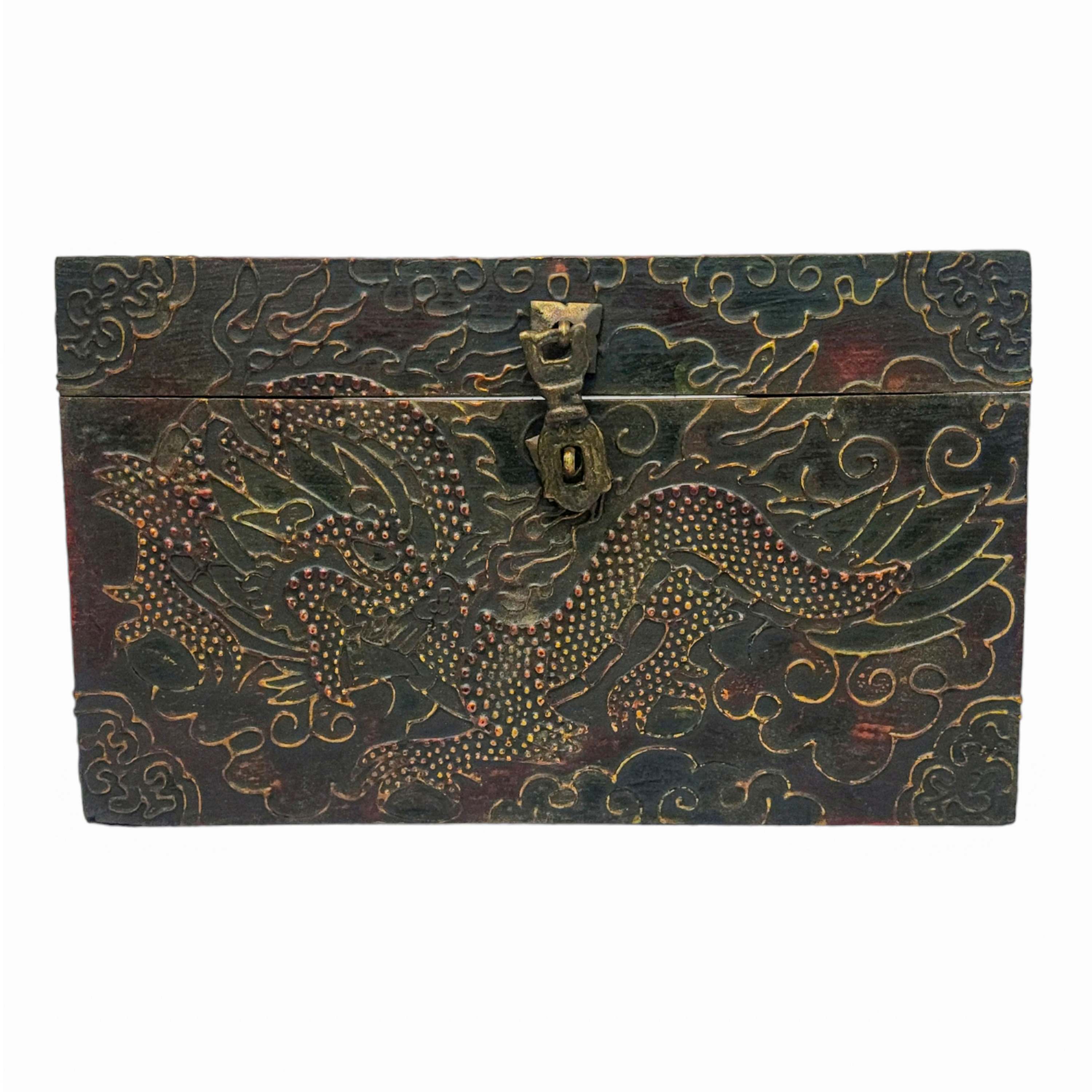 Tibetan Ritual Wooden Box, Traditional Color Painted