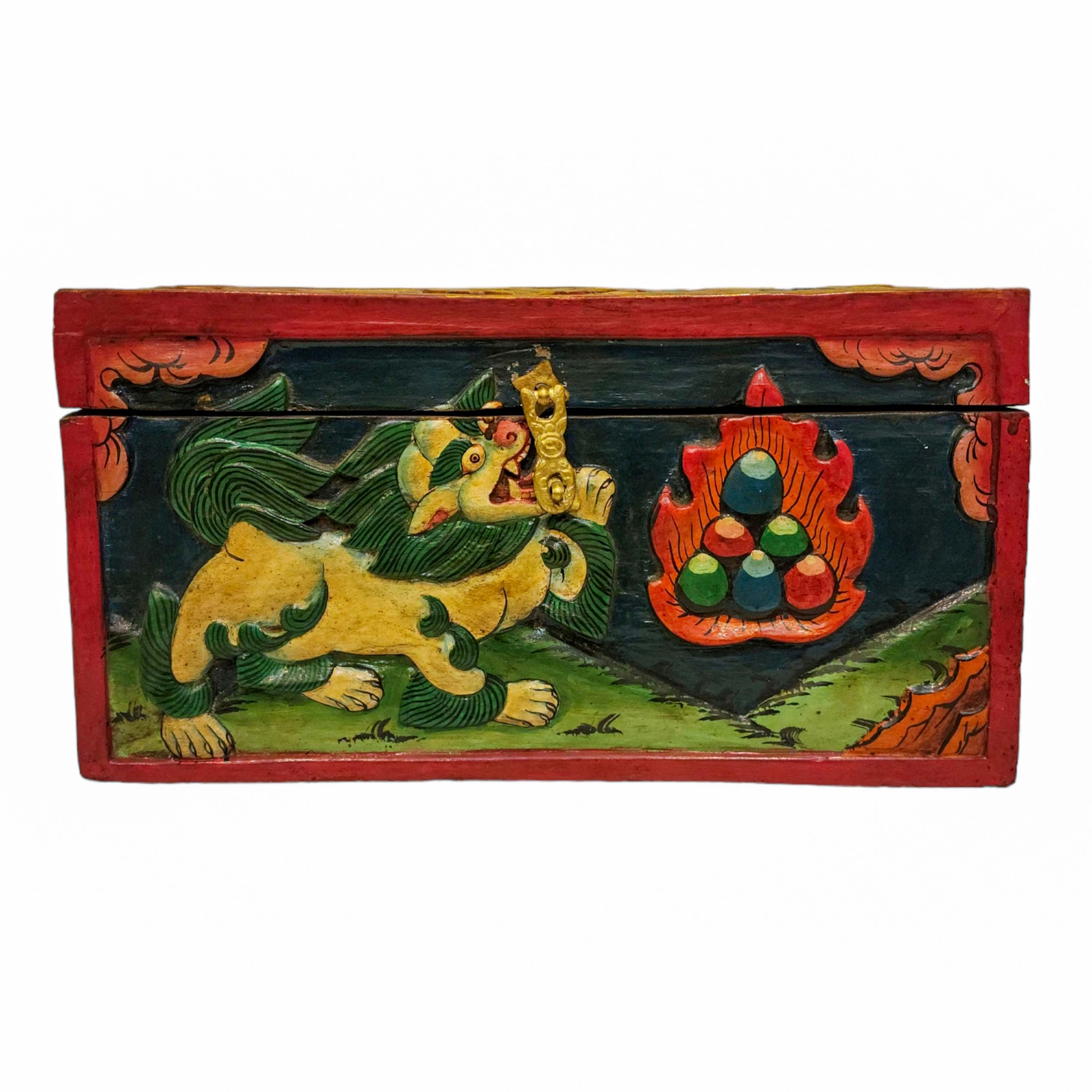 Tibetan Ritual Wooden Box, Traditional Color Painted