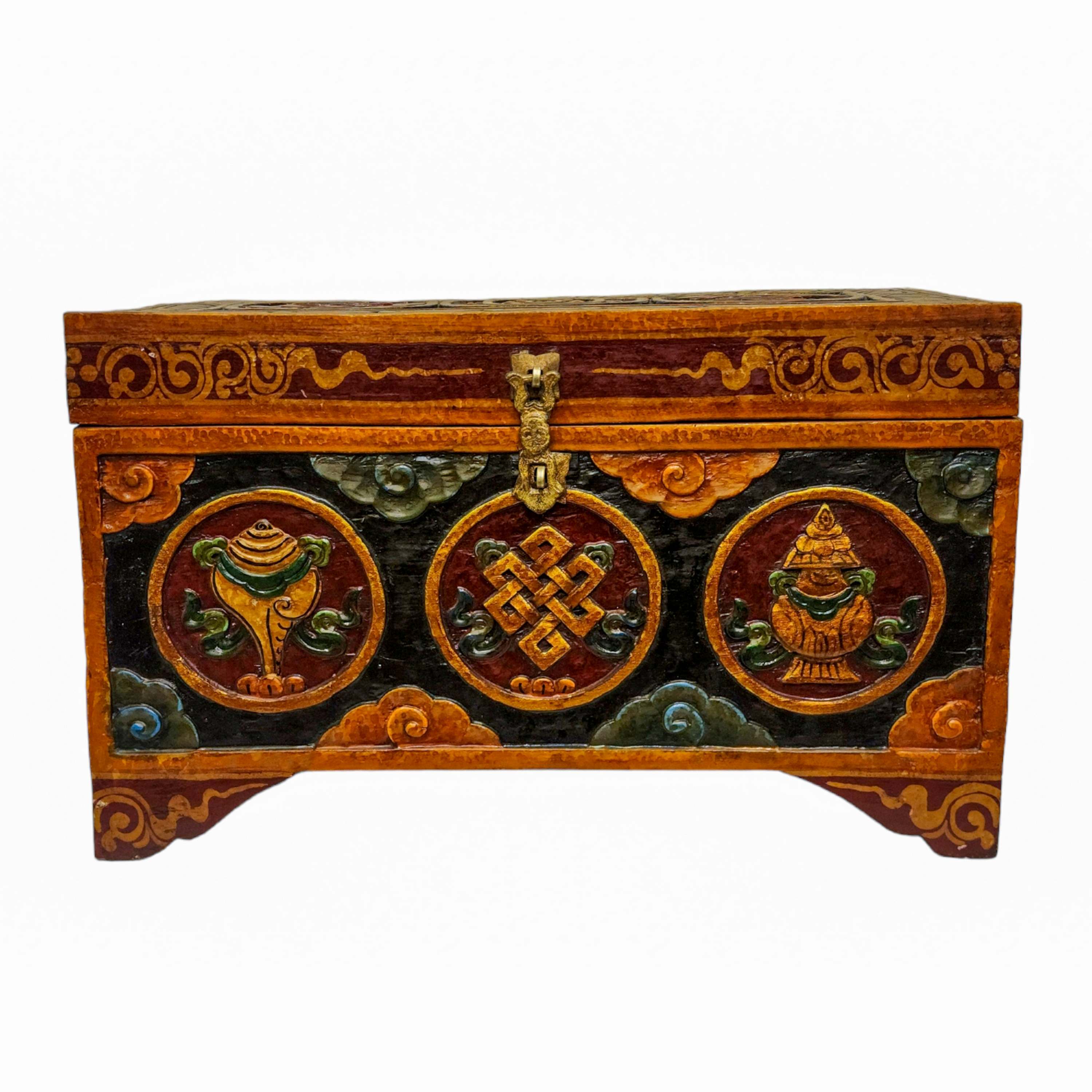 Tibetan Ritual Wooden Box, Traditional Color Painted