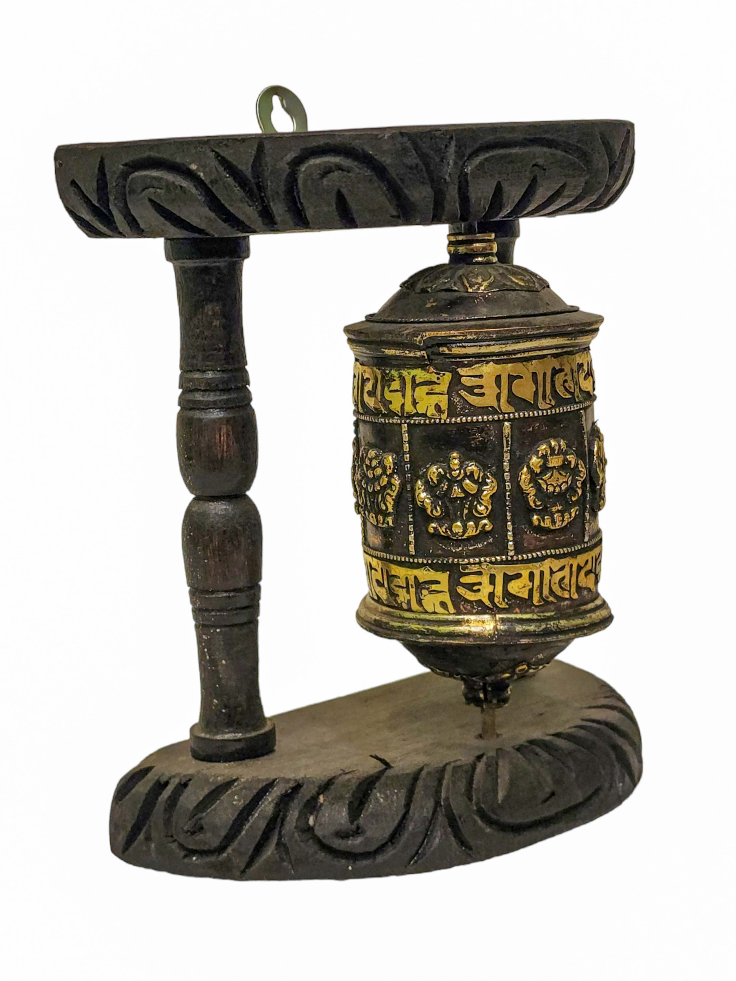 Prayer Wheel With Mantra Inside, oxidized With Carved Mantra, Ashtamangala, Wall Mountable