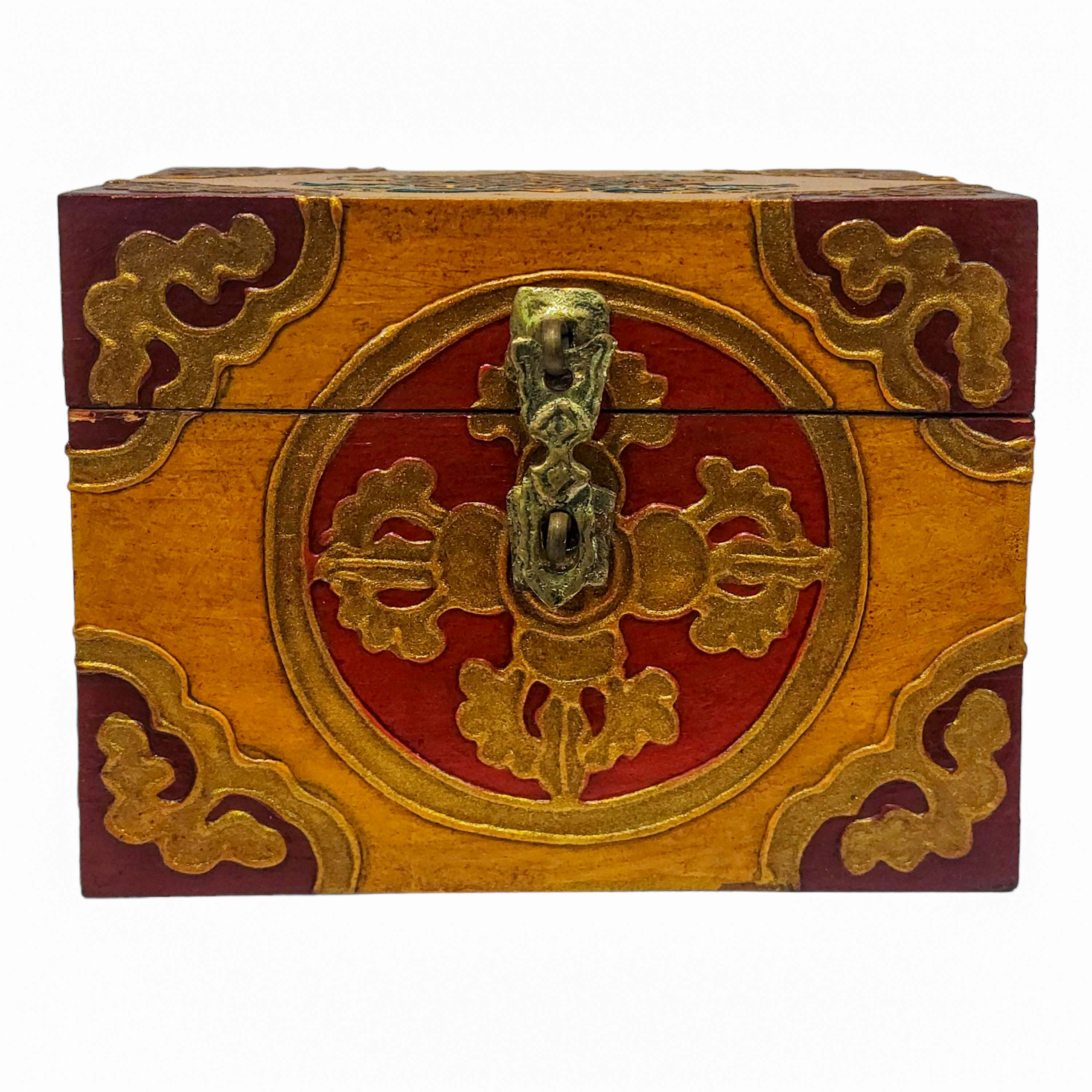 Tibetan Ritual Wooden Box, Traditional Color Painted