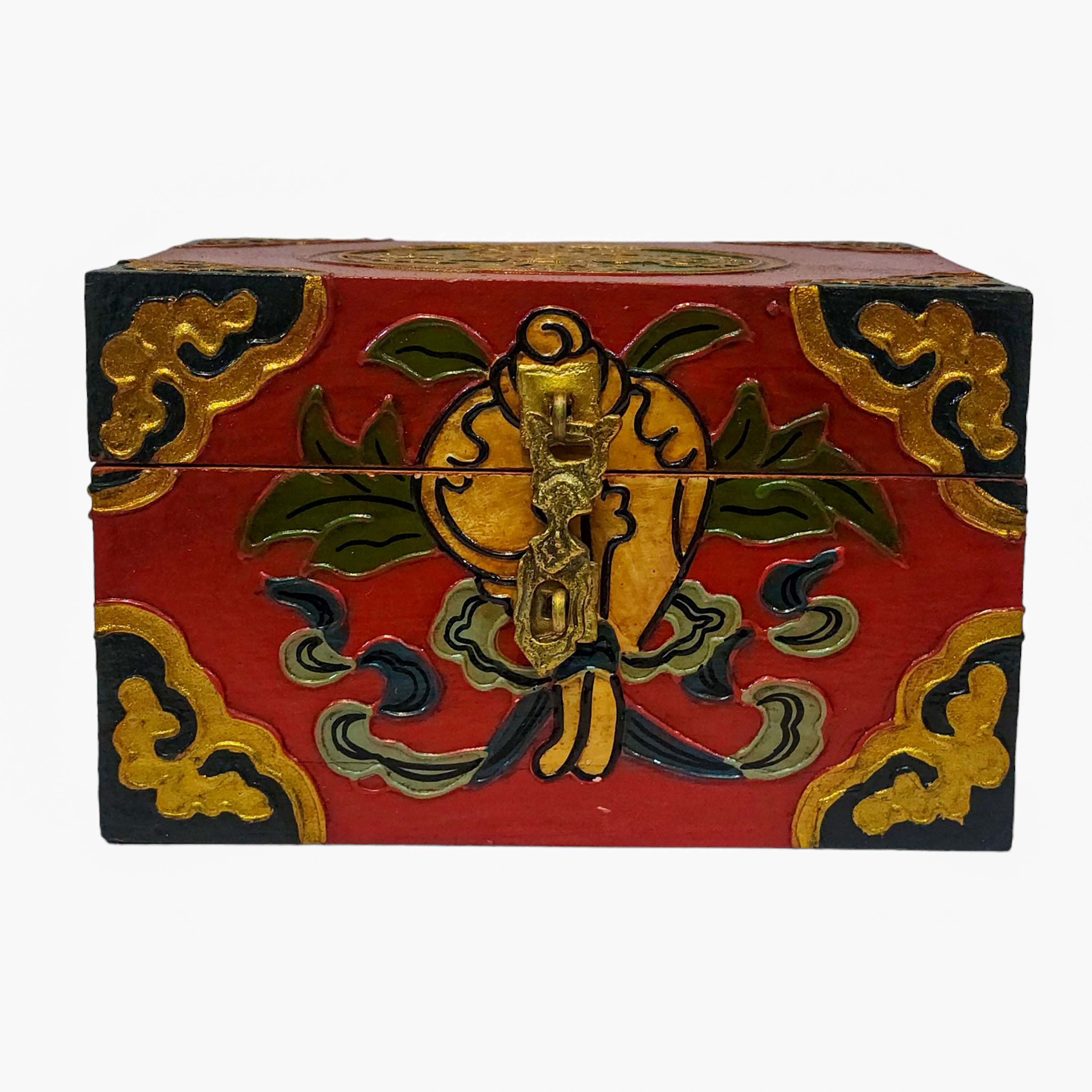 Tibetan Ritual Wooden Box, Traditional Color Painted