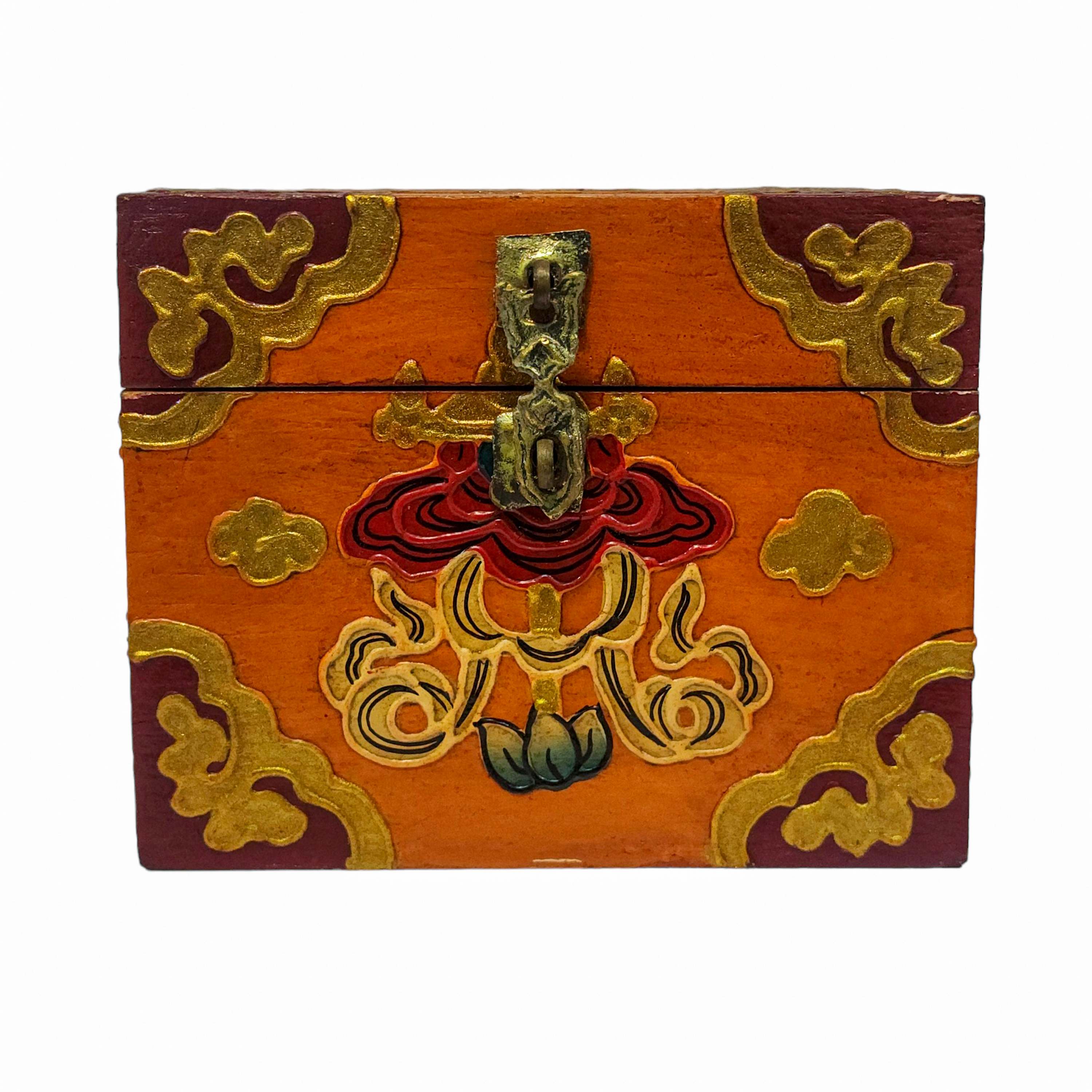 Tibetan Ritual Wooden Box, Traditional Color Painted