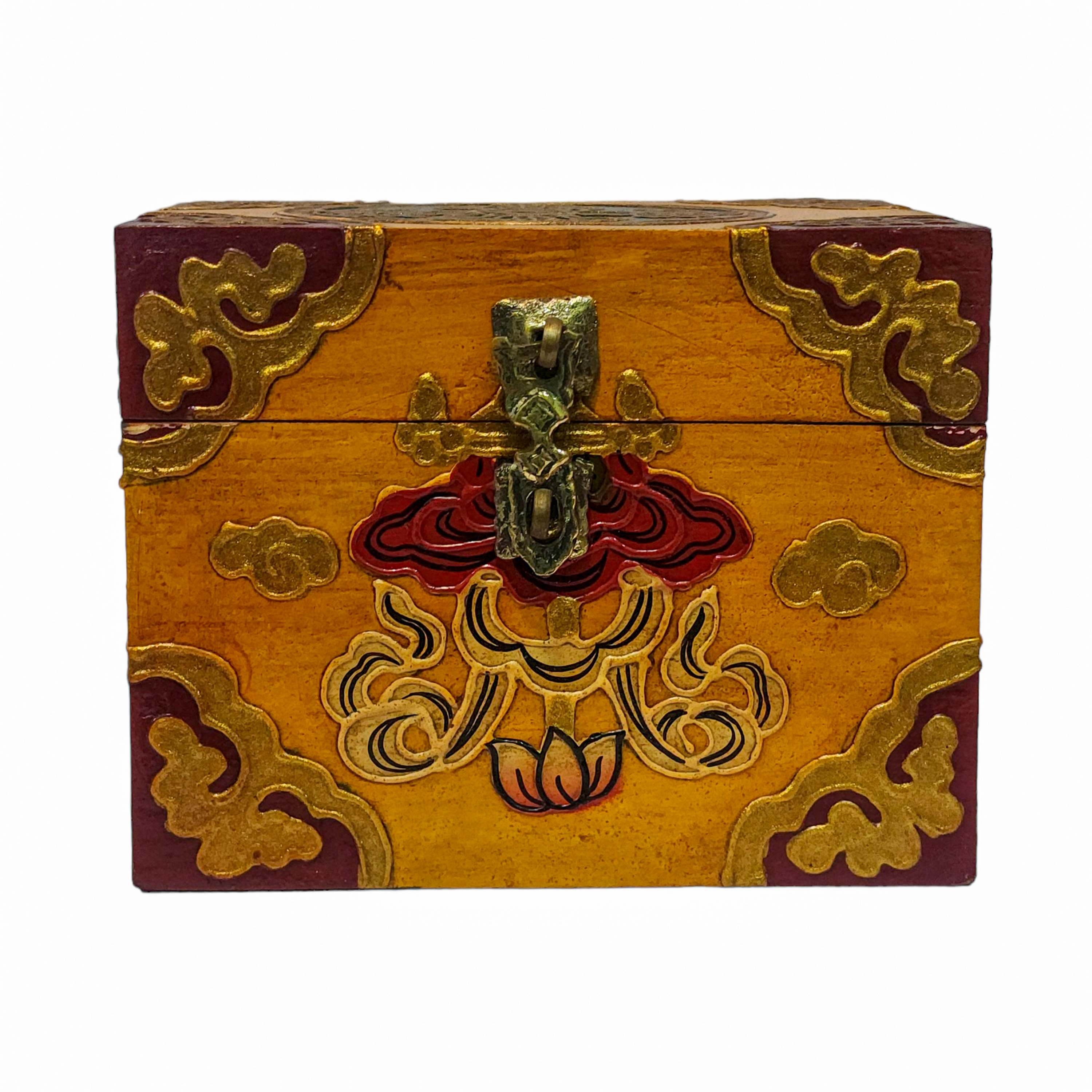 Tibetan Ritual Wooden Box, Traditional Color Painted