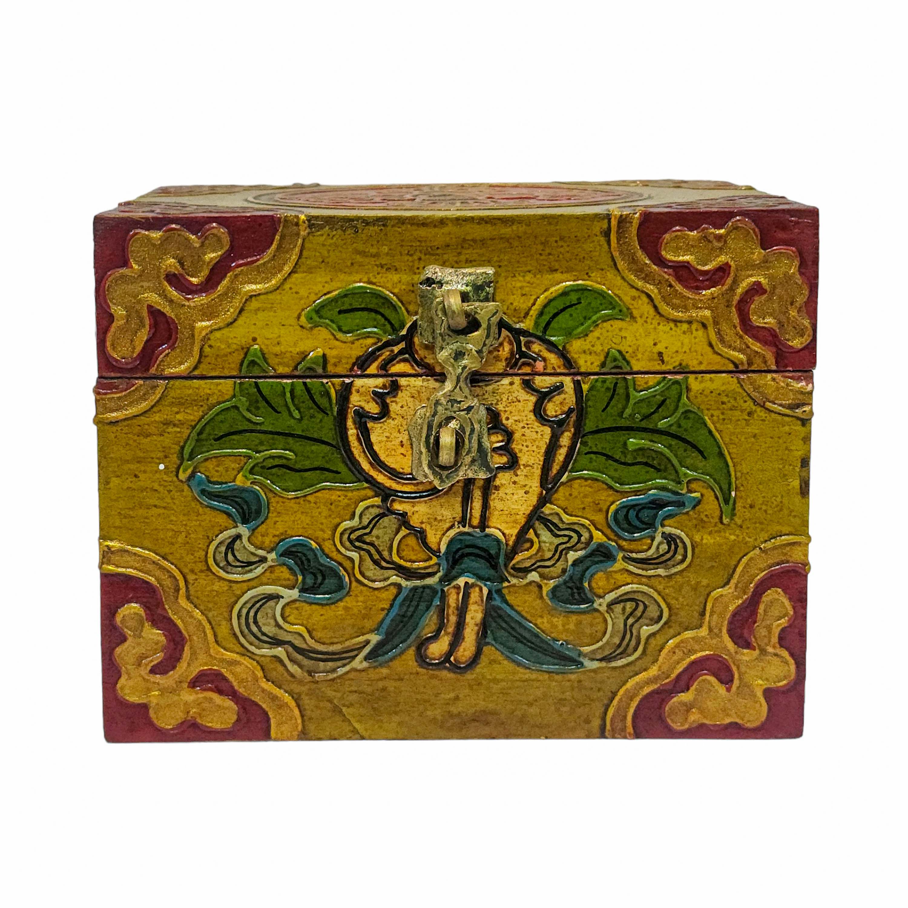 Tibetan Ritual Wooden Box, Traditional Color Painted