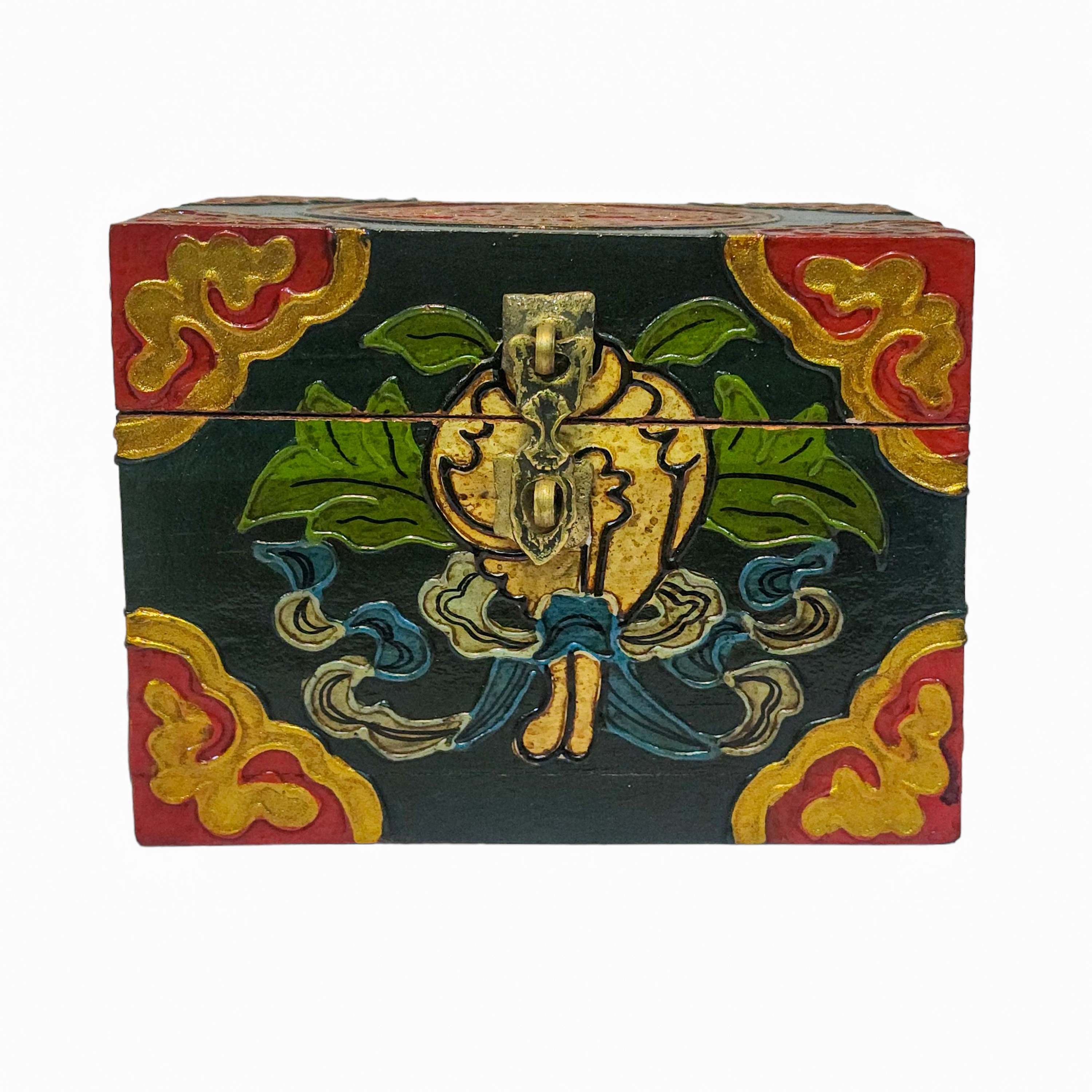 Tibetan Ritual Wooden Box, Traditional Color Painted