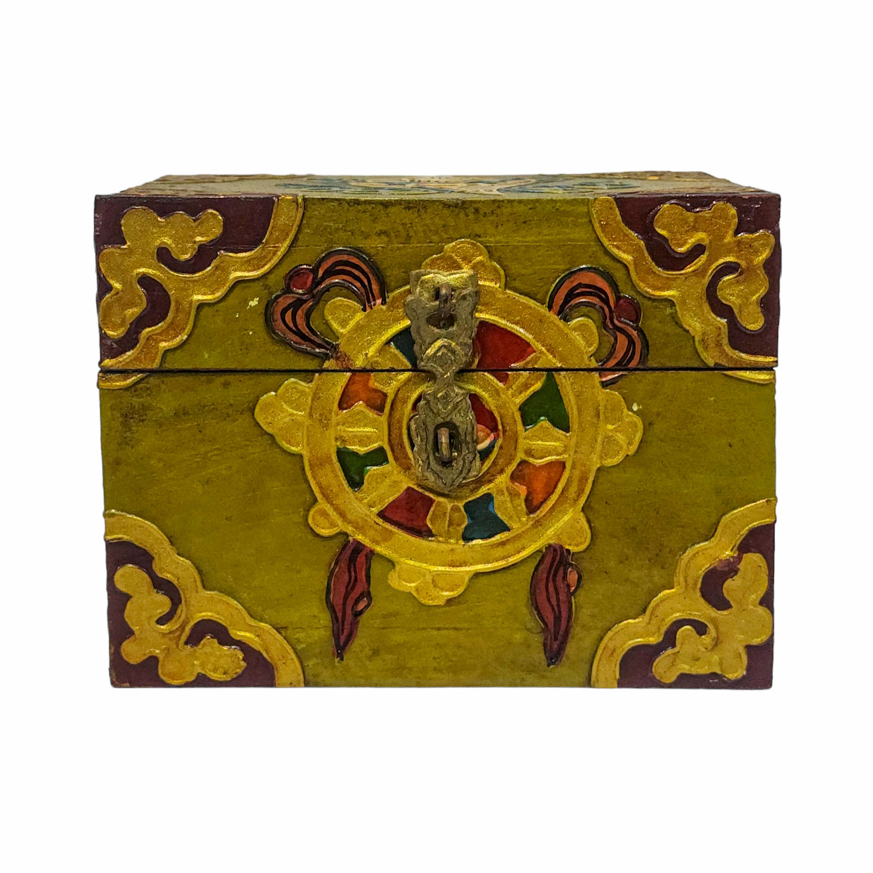 Tibetan Ritual Wooden Box, Traditional Color Painted